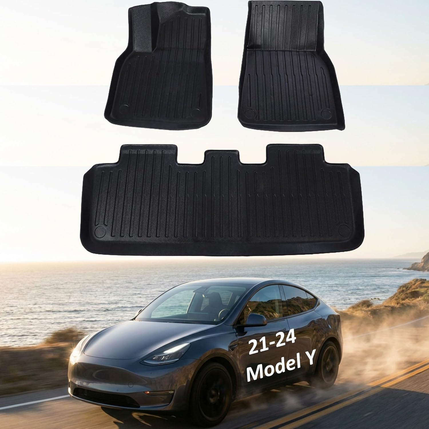 3PCS Floor Mat for 2021-2024 Tesla Model Y 5- Seat - TPE All-Weather Front & Rear Floor Mats with Anti-Slip Pad Set, Easy to Clean (Not for 7-Seat)