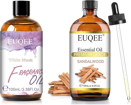 EUQEE 100ML White Musk Fragrance Oil+EUQEE Sandalwood Essential Oil4 oz/118 ml with Glass Dropper, Great for Diffusers, Soap & Candle Making