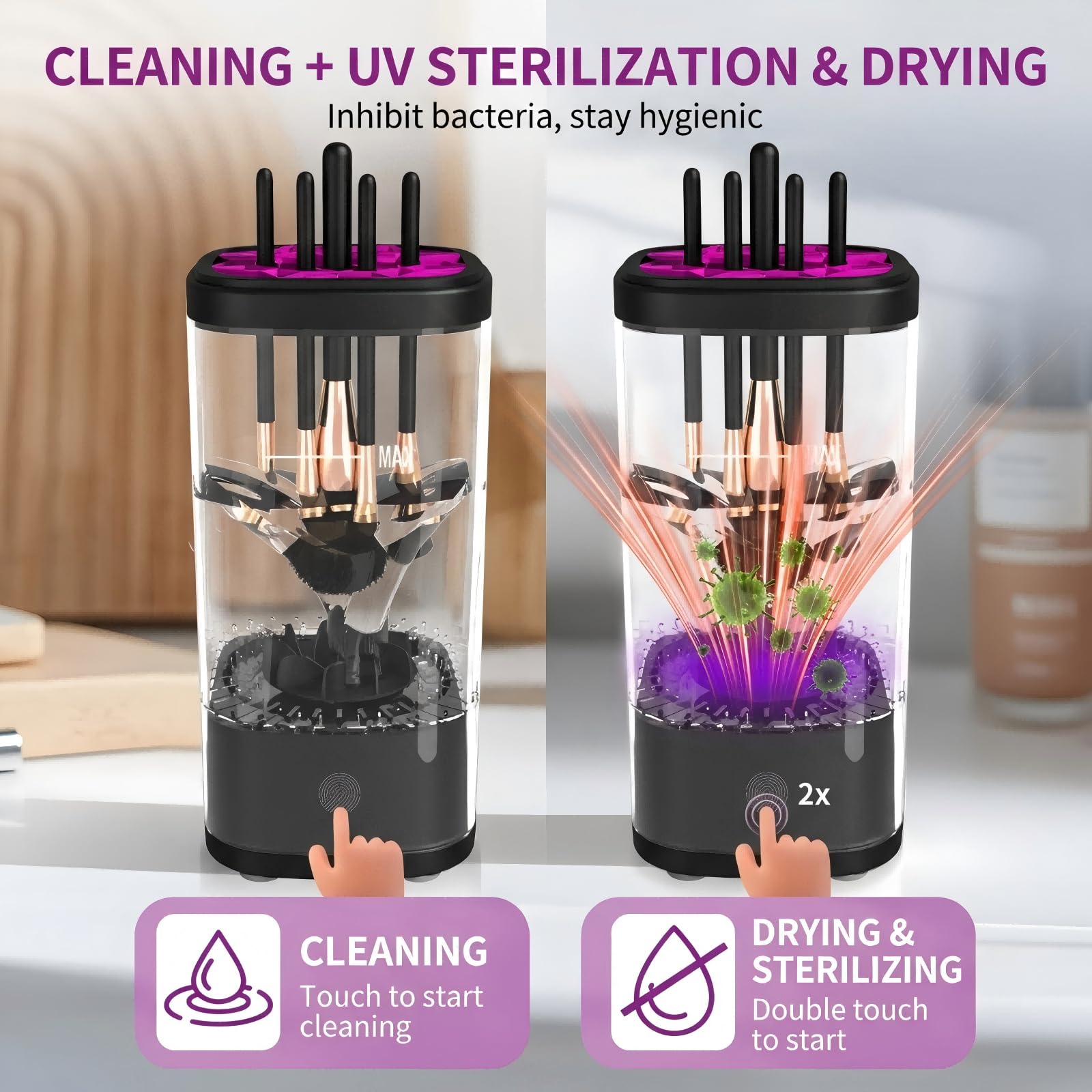 Elektrischer Makeup Pinsel Reiniger mit Trocknung & UV-Desinfektion, 6500RPM Automatischer Pinselwaschmaschine, Leise Transparent Großes Fassungsvermögen Type-C für Zuhause Reise