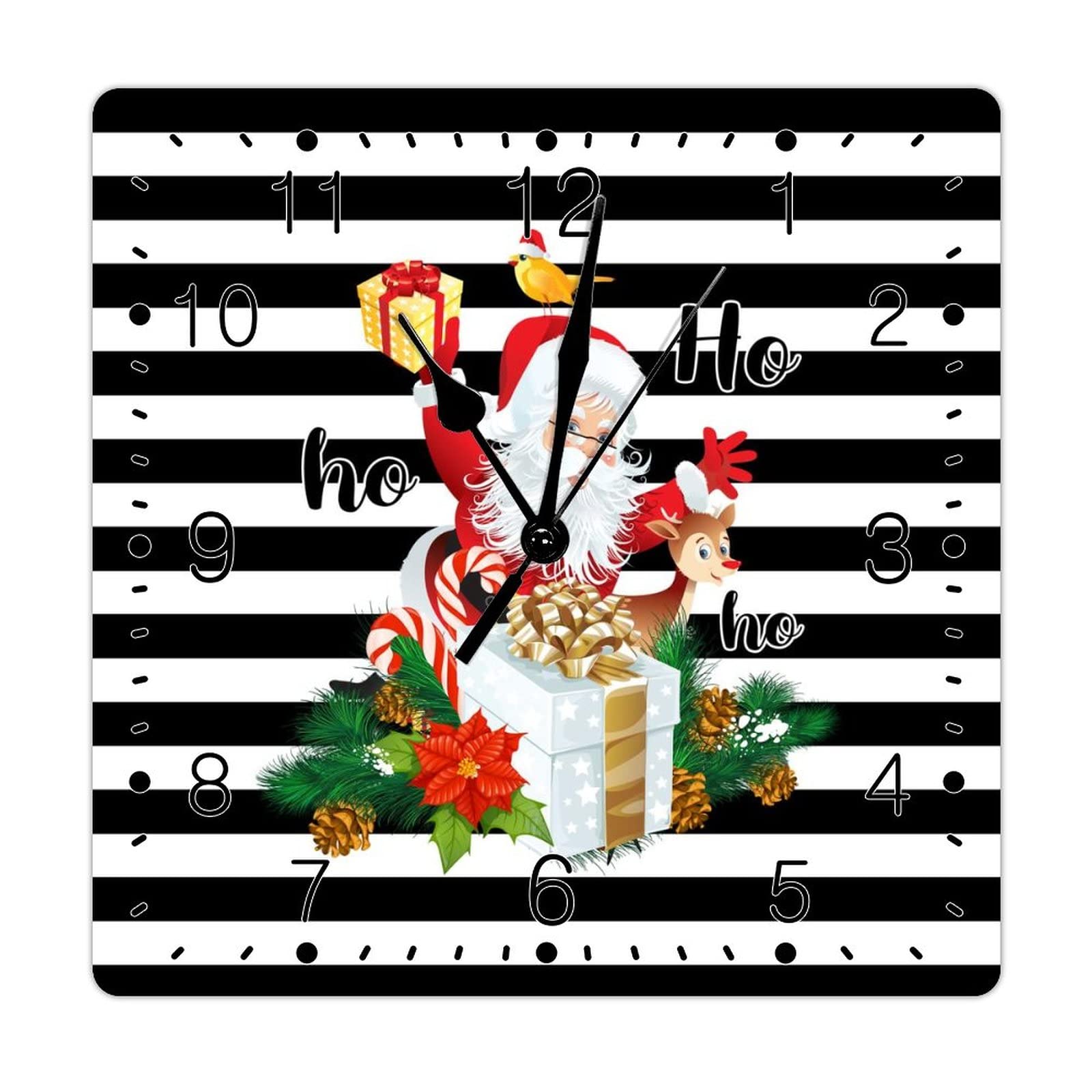 Swavecat Black And White Stripes Santa Wooden Clocks Christmas Ho Ho Ho Santa Claus Wooden Wall Clock Christmas Clock Battery Operated Clock 12inch for Kitchen Bedroom Office
