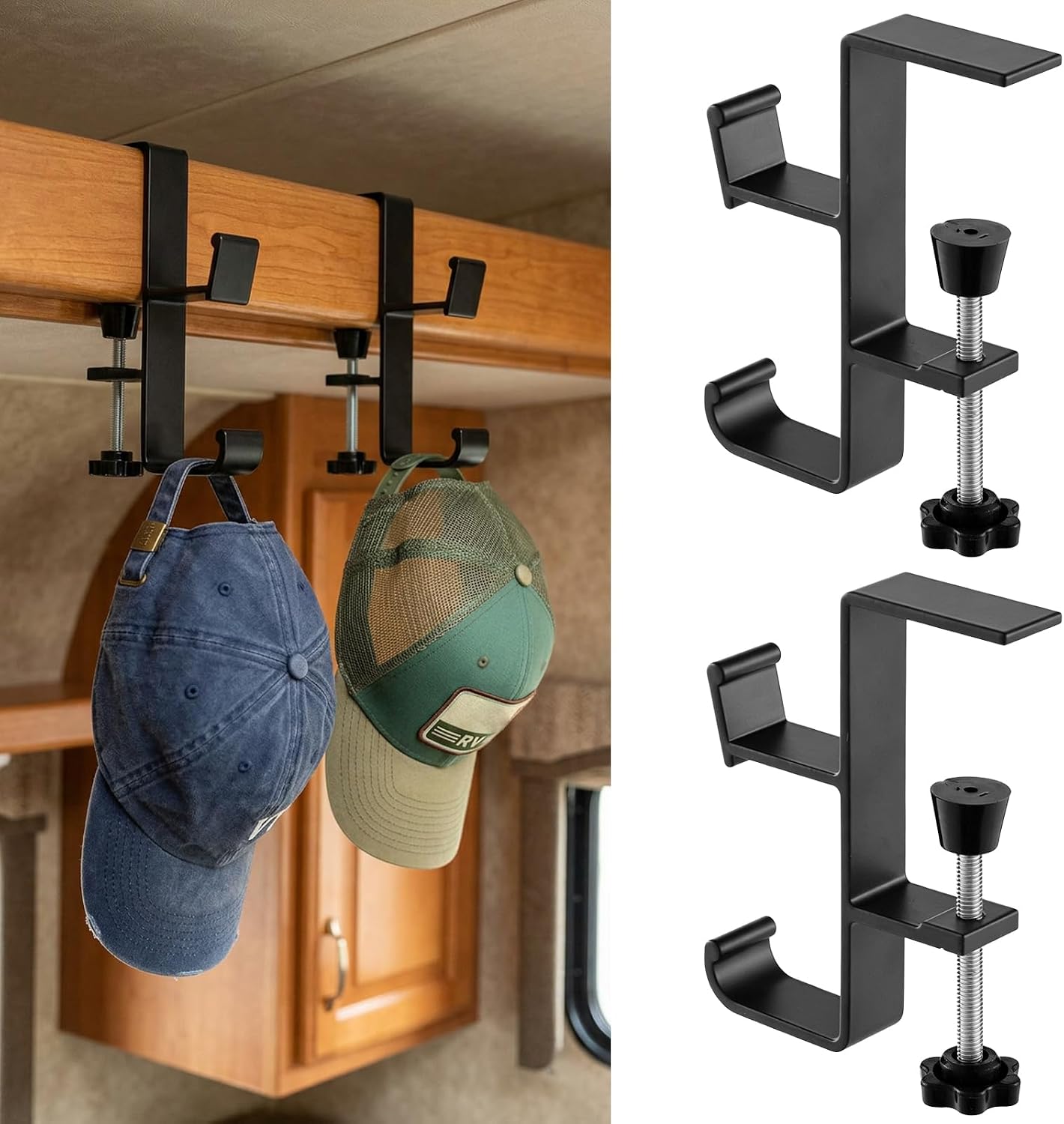 2Pack Heavy Duty RV Hooks for Travel Trailers, RV Accessories with 4 Hooks No Drill Portable Adjustable Metal RV Hangers Hooks for Hanging Jacket, Towel, Bag, Cap, Hat, Key, Fits 1.3" Thickness