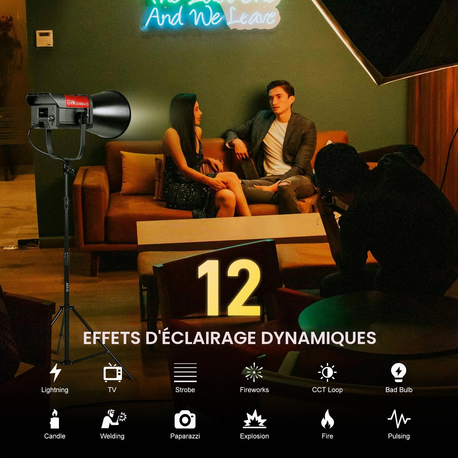 GVM 300W Lumière LED Vidéo, 221950 lux/1m, Kit d'Éclairage Photo ARO SD300B avec Contrôle par Application, 2700K-6800K Lumière Continue de Studio pour Youtube, Cinéma, 12 Effets Scéniques