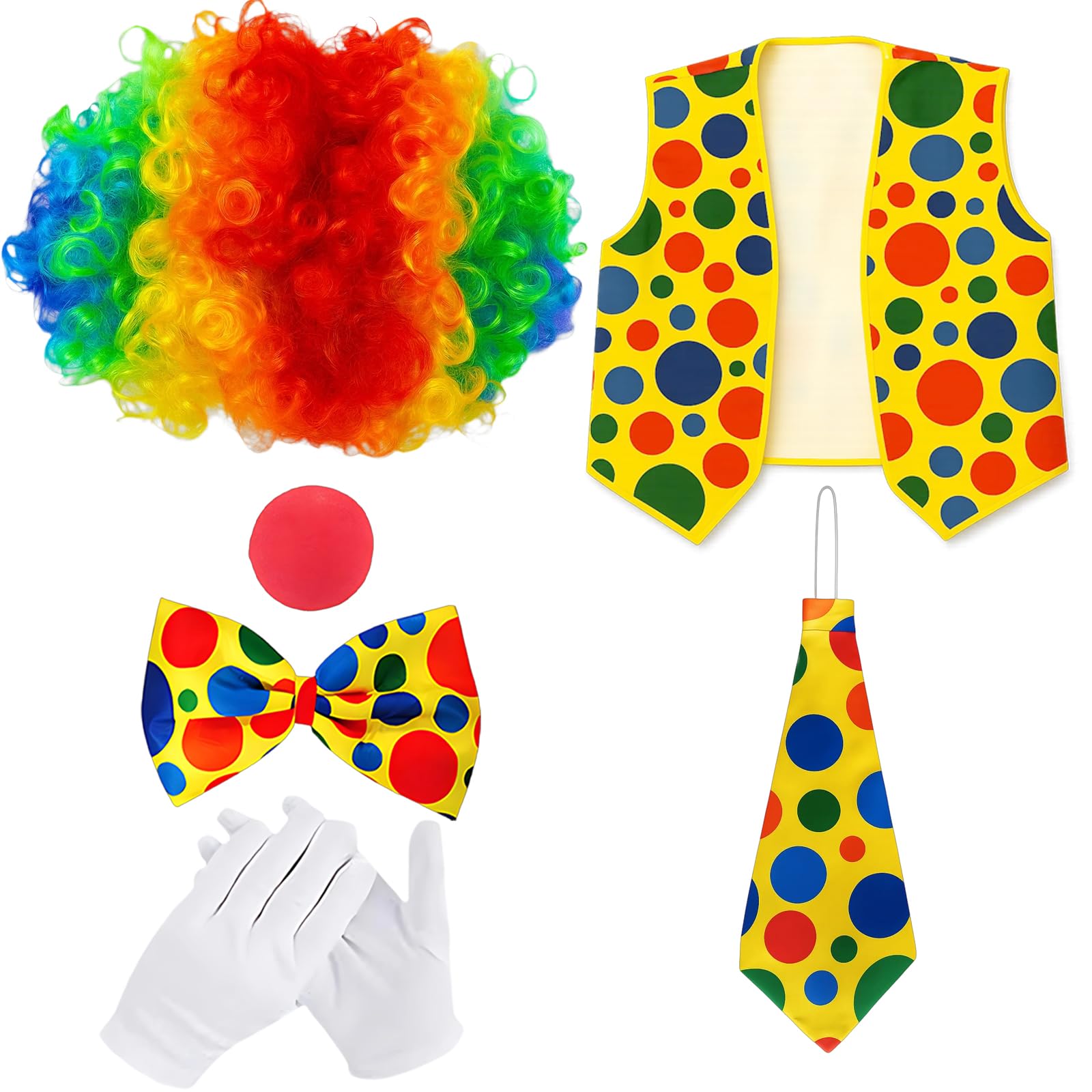 DXPETA Clown Costume Kit, Complete Clown Dress Up Set with Wig, Nose, Gloves, Bow Tie, and Vest, Perfect for Halloween Party, Circus Performance, and Carnival Celebration