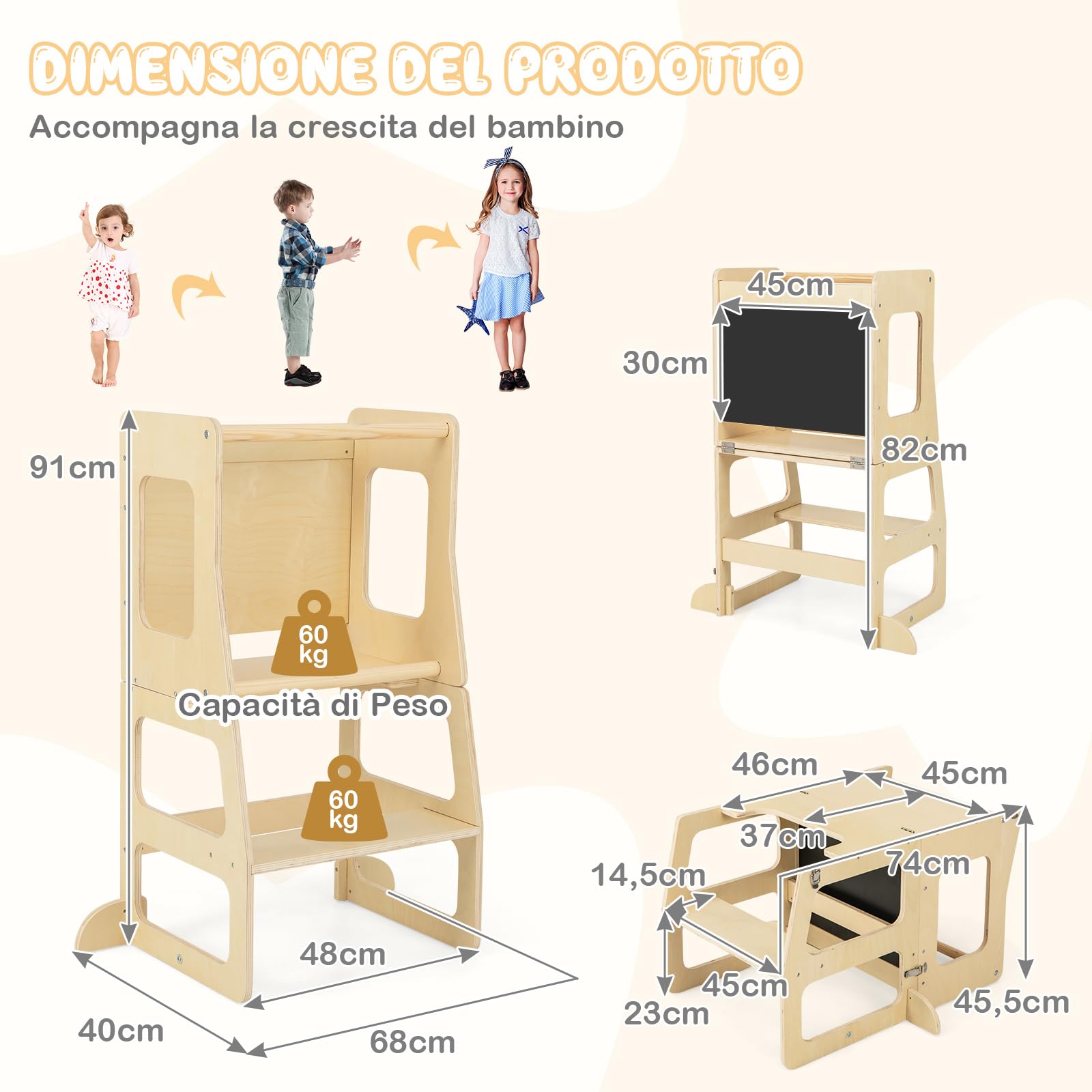 RELAX4LIFE 3 in 1 Torre Montessoriana per Bambini, Torre di Apprendimento Pieghevole, Learning Tower con Lavagna, Convertibile in Tavolo+Sedia per Bambini 3+ Anni