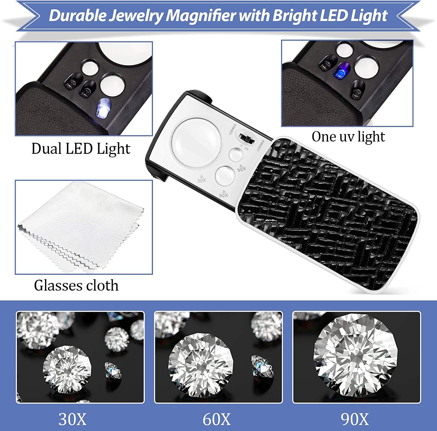 JARLINK 30X 60X Verlichte Juweliers Loep Vergrootglas