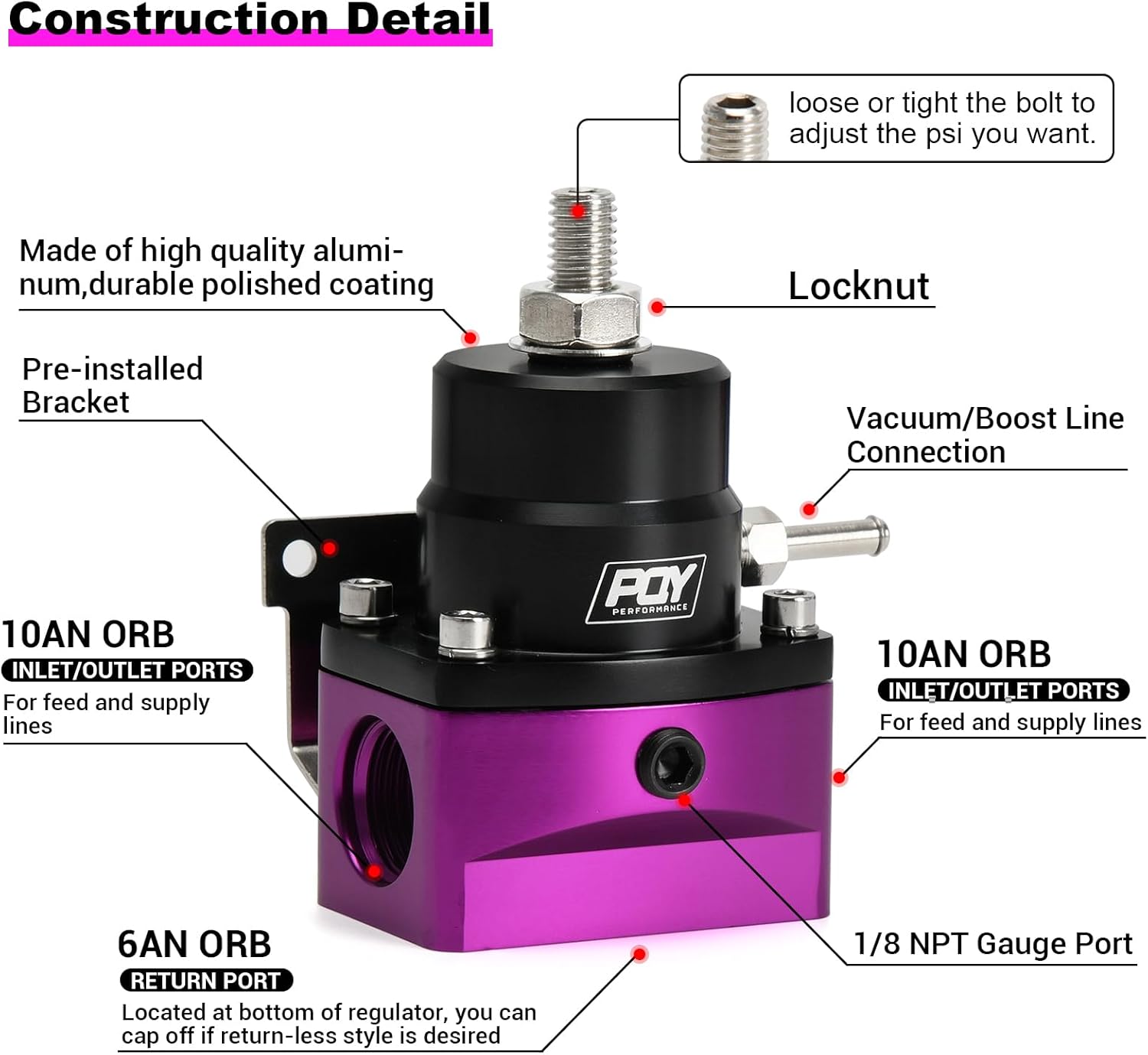 Adjustable Fuel Pressure Regulator Kit 3-110PSI with AN10 Feed Port and AN6 Return Port with Replacement Spring (purple+black)