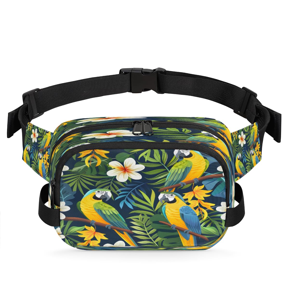 Parrots Tropical Flower Leaves Waterproof Fanny Pack for Women Men Adjustable Waist Bag with Double Zipper Pockets Lightweight Square Hip Pack for Running Travel Hiking Workout Cycling
