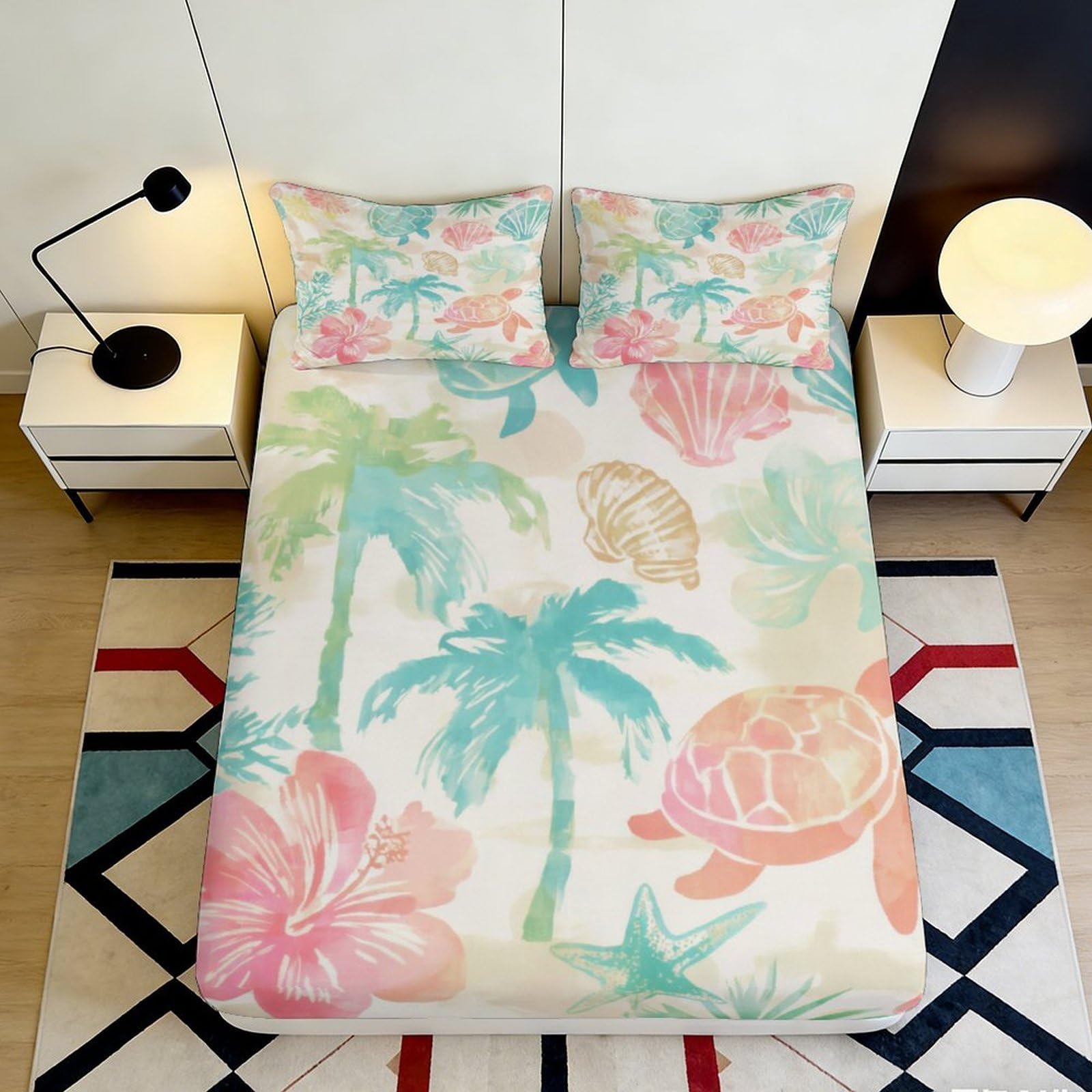 Pnayamiorkfel Style-2 3D Printed Tropical Beach Fitted Sheet Microfiber Soft Palm Tree Sea Turtle Mattress Cover Bedroom Guest Room Decor 90X200x25cm
