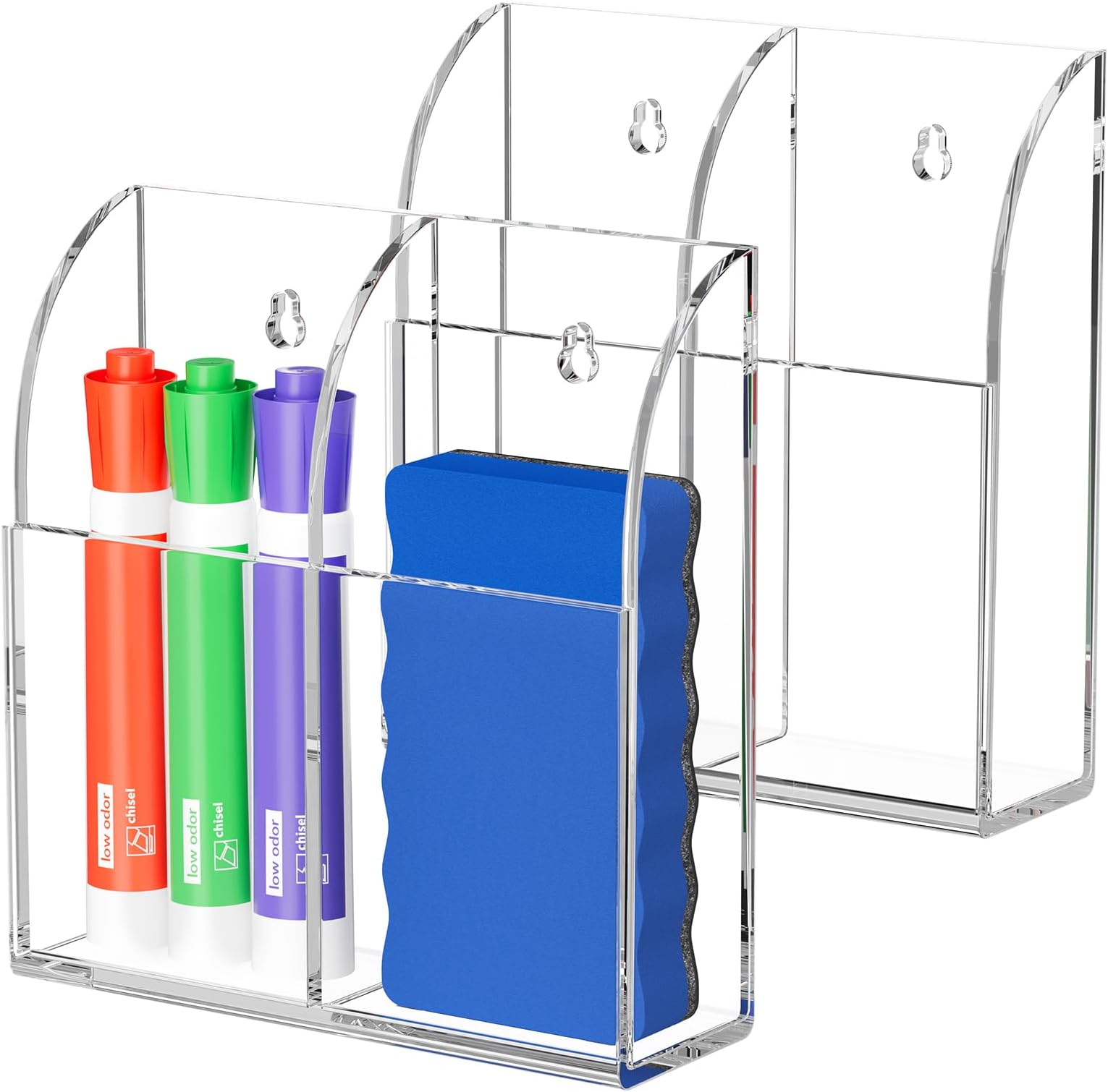 MaxGear Wall Marker Holder & Remote Control Organizer, 2 Compartments Acrylic Organizer for Remotes, Pens, Makeup, Markers, Clear Desk Wall Pen Holder for Whiteboard-5.4'' X 1.6'' X 5.5'', 2 Pack