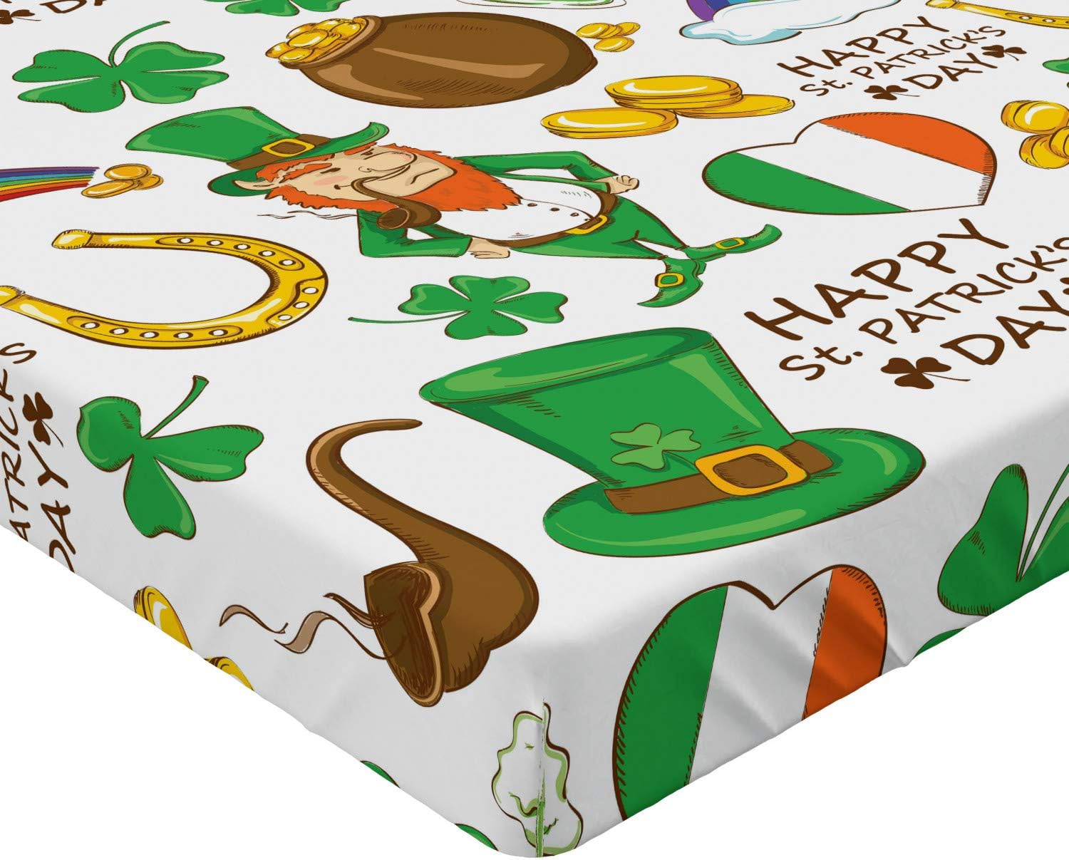 Ambesonne St. Patrick's Day Fitted Sheet, Irish Party Pattern Beer Leprechaun Flag Hearts Rainbow Gold Shamrock, Bed Cover with All-Round Elastic Deep Pocket for Comfort, Queen Size, Multicolor