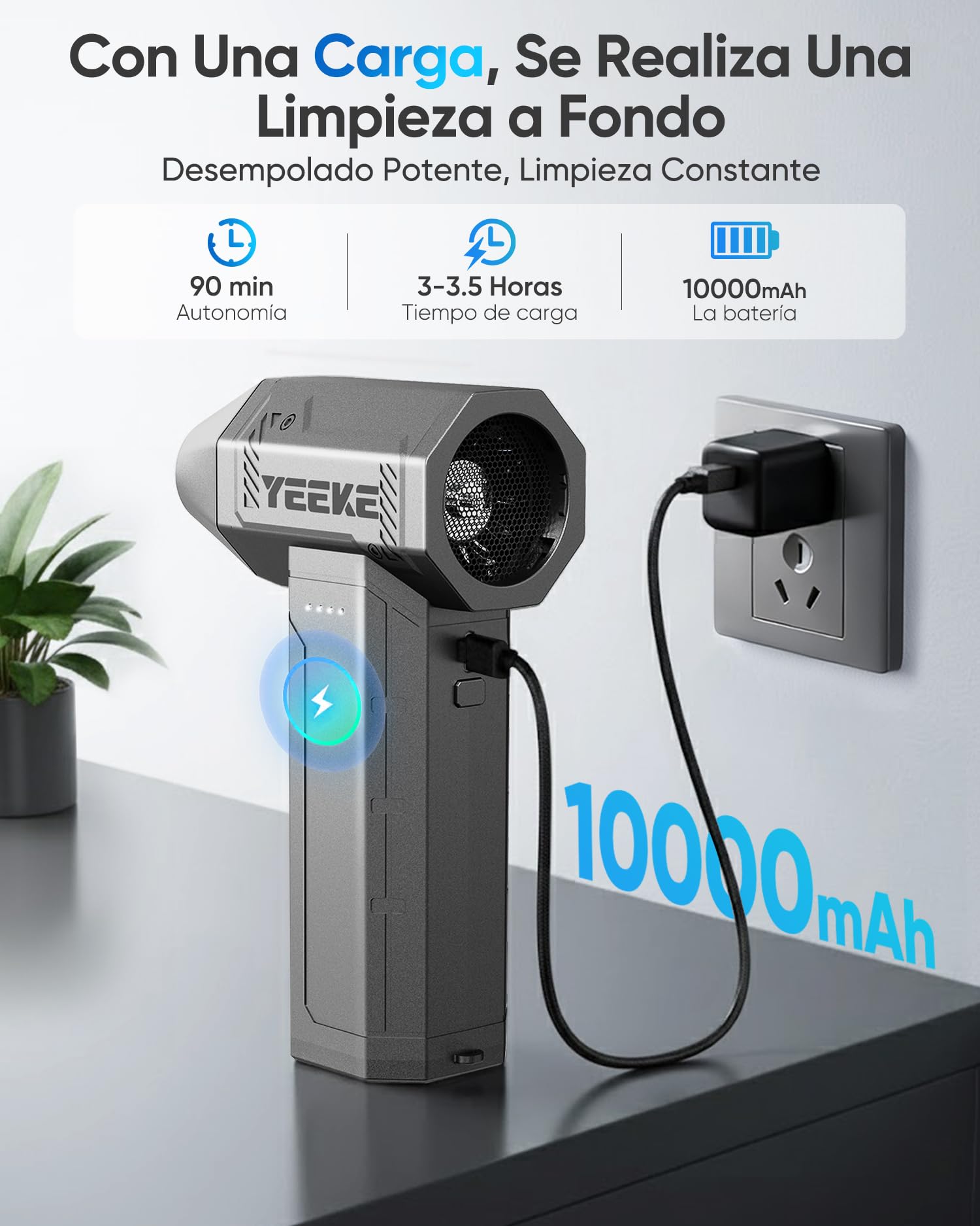 Soplador de Aire Potente, Aire Comprimido Limpieza PC 180000RPM, Mini Soplador Aire 10000 mAh Con Carga Rápida | 4 Velocidades | LED, Ideal para Limpiar Ordenadores de Juegos, Teclados y Coches