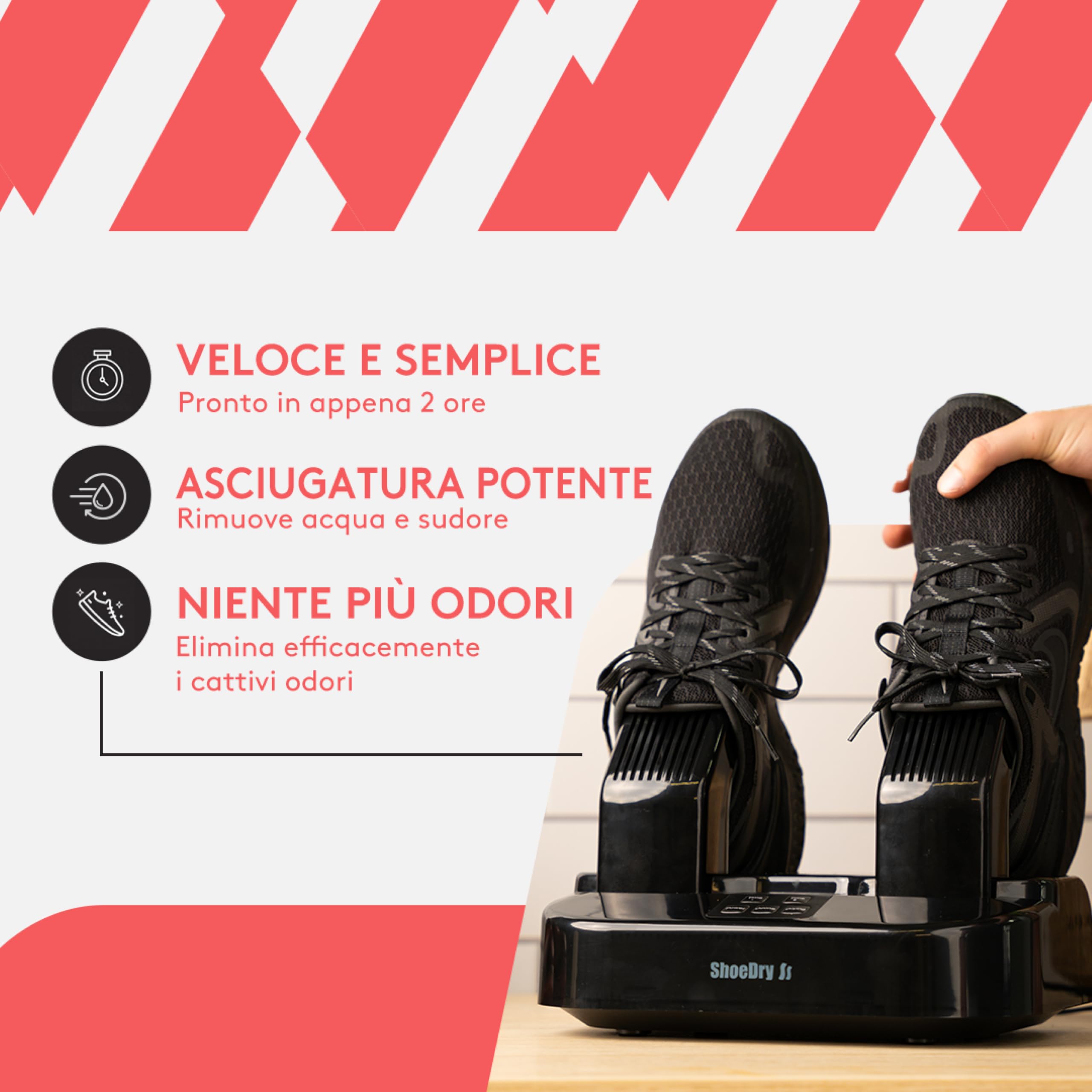 ShoeDry OZONE - Asciugascarpe e Deodorante per Scarpe - Tecnologia Ozono - Elimina batteri e funghi - Nessun odore sgradevole - Scarpe fresche e pulite - Energeticamente efficiente.