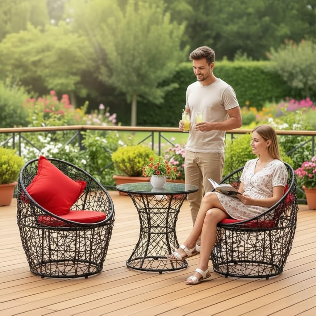 LOCCUS 3-Piece Outdoor Patio Furniture Set, Netted Rattan & Wicker Mudda Chairs with Glass Top Table and Waterproof Cushions for Garden, Balcony, Lawn, Pool (Black & Red)-image-7