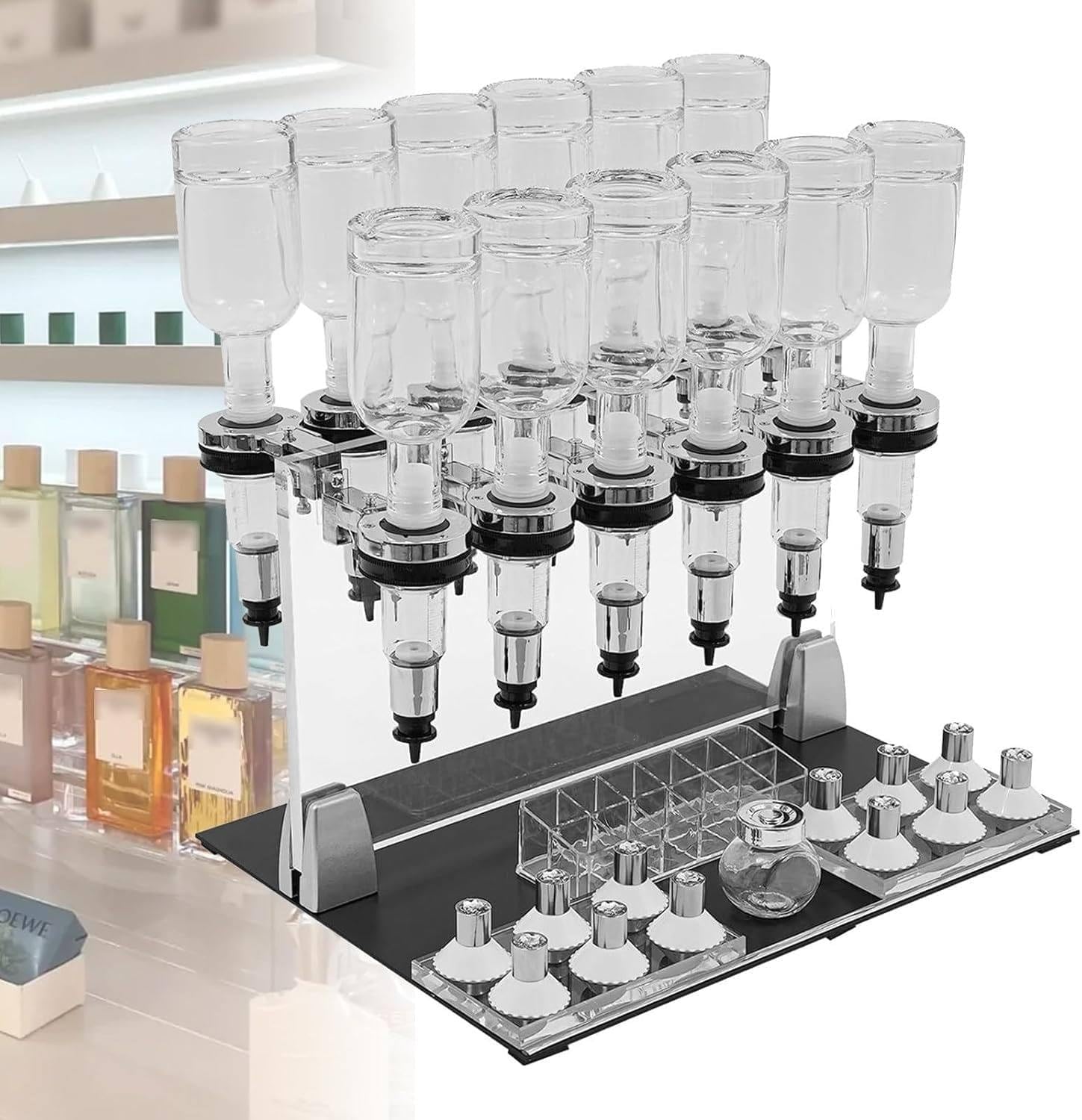 Stojak z dozownikami i urządzenie do napełniania perfum | Ręczny System Z 12 Butelkami (200 Ml), Regulowanymi Pompkami I Kieliszkami Do Testowania; Do Sklepów, Pracowni I Barów