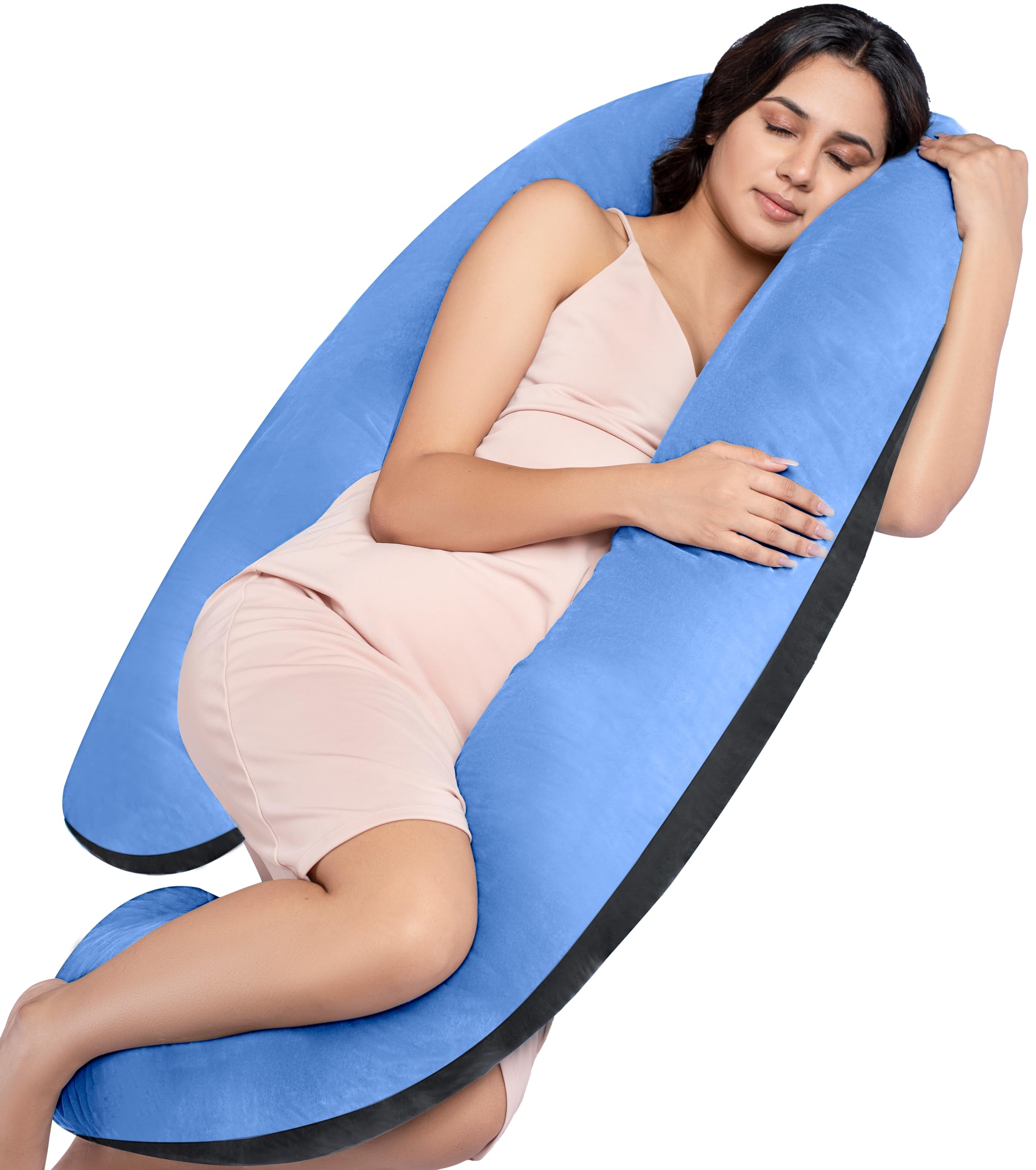 MY ARMOR Full Body G Shape Pregnancy Pillow for Women, Maternity Pillow Gift for Pregnancy Sleeping, 3 Months Warranty, Premium Velvet Cover with Zip, Black + Sky Blue