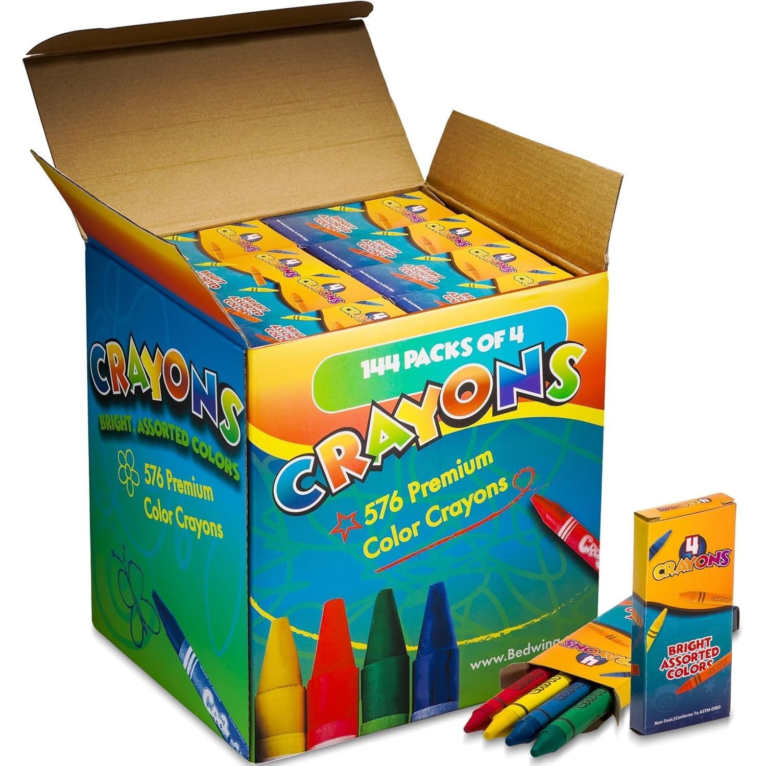 Bedwina Crayons Cire - 576 Crayons - Lot 144 paquets de 4, Crayons de Couleur de Qualité Supérieure Enfants, Coloriage Enfants pour Cadeaux Fête, Pochettes Cadeaux et Chaussettes de Noël