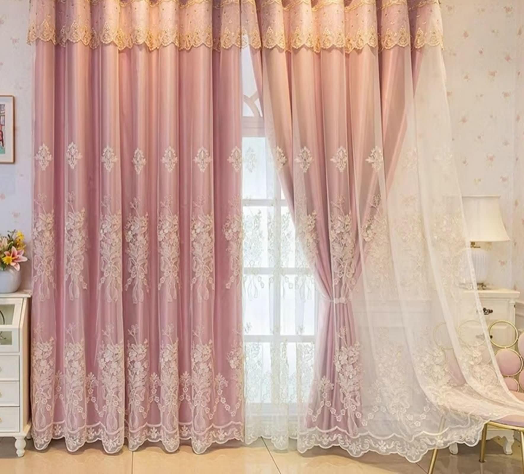 Rideaux ultra occultants rose 102x244cm double couche gaze brodée rideau salon 2 pièces