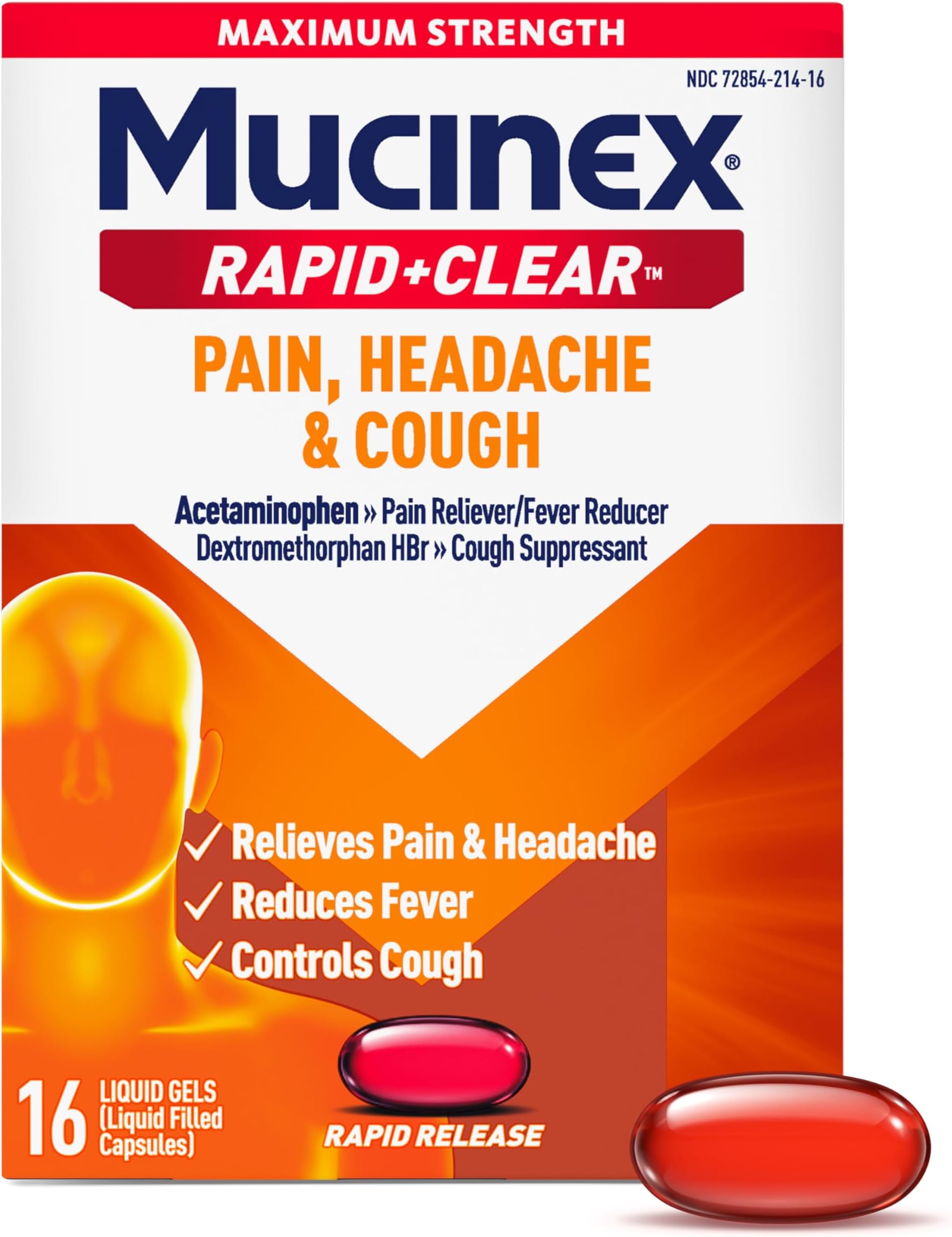 Rapid+Clear Maximum Strength Cold & Cough Medicine, Fever, Pain, Headache, & Cough Relief with Acetaminophen & Dextromethorphan, Rapid Release Liquid Gels for Adults, 16 Count