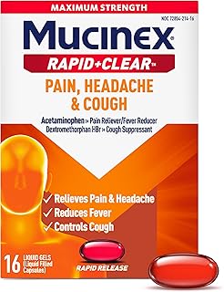 Mucinex Rapid+Clear Maximum Strength Cold & Cough Medicine, Fever, Pain, Headache, & Cough Relief with Acetaminophen & Dextromethorphan, Rapid Release Liquid Gels for Adults, 16 Count