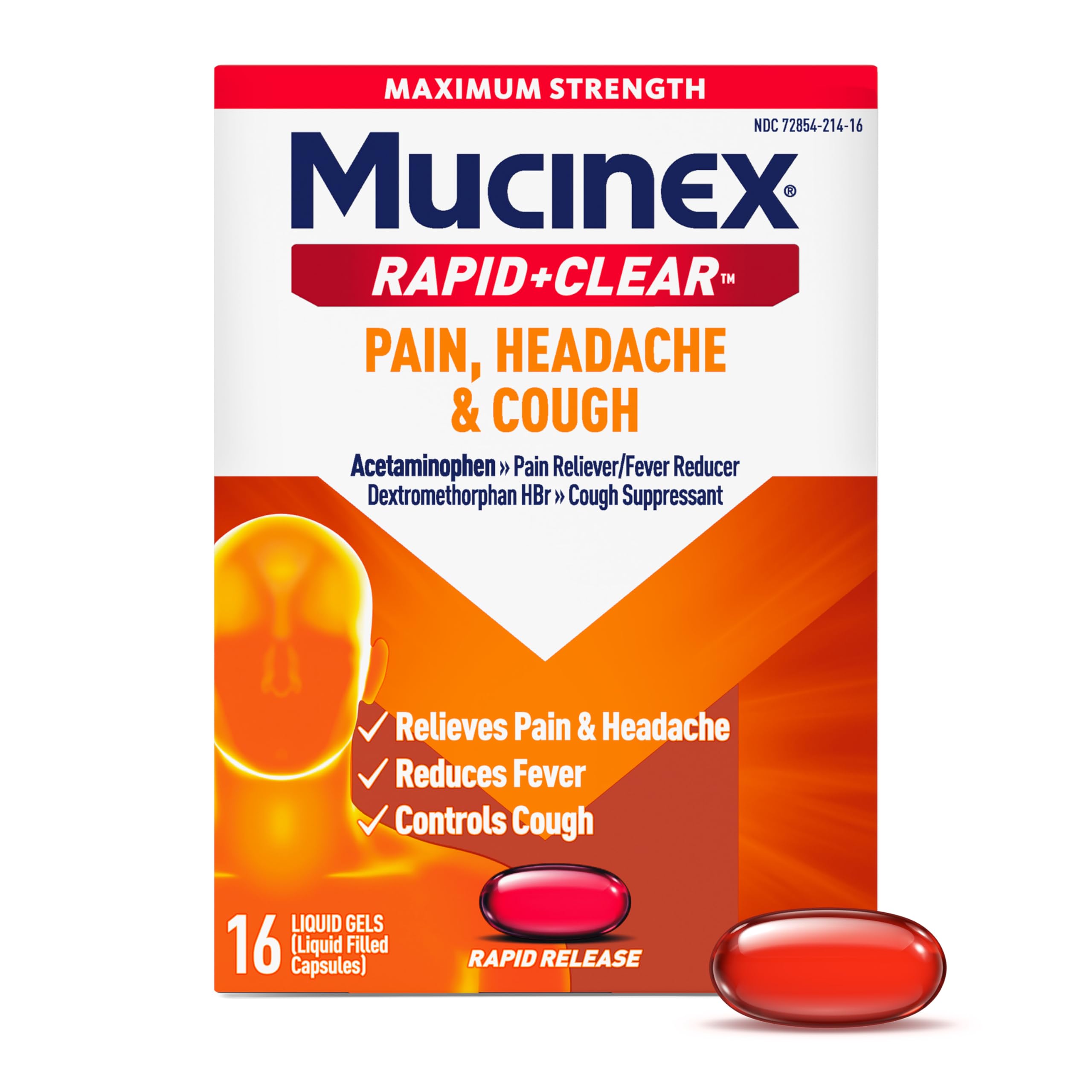 Mucinex Rapid+Clear Maximum Strength Cold & Cough Medicine, Fever, Pain, Headache, & Cough Relief with Acetaminophen & Dextromethorphan, Rapid Release Liquid Gels for Adults, 16 Count