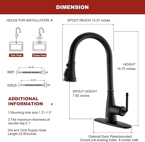Miniatura 6 de Lavatrum Grifo de cocina antiguo negro mate de 17 pulgadas con rociador extraíble, mango único 1 agujero extraíble grifo de cocina rociador de 3
