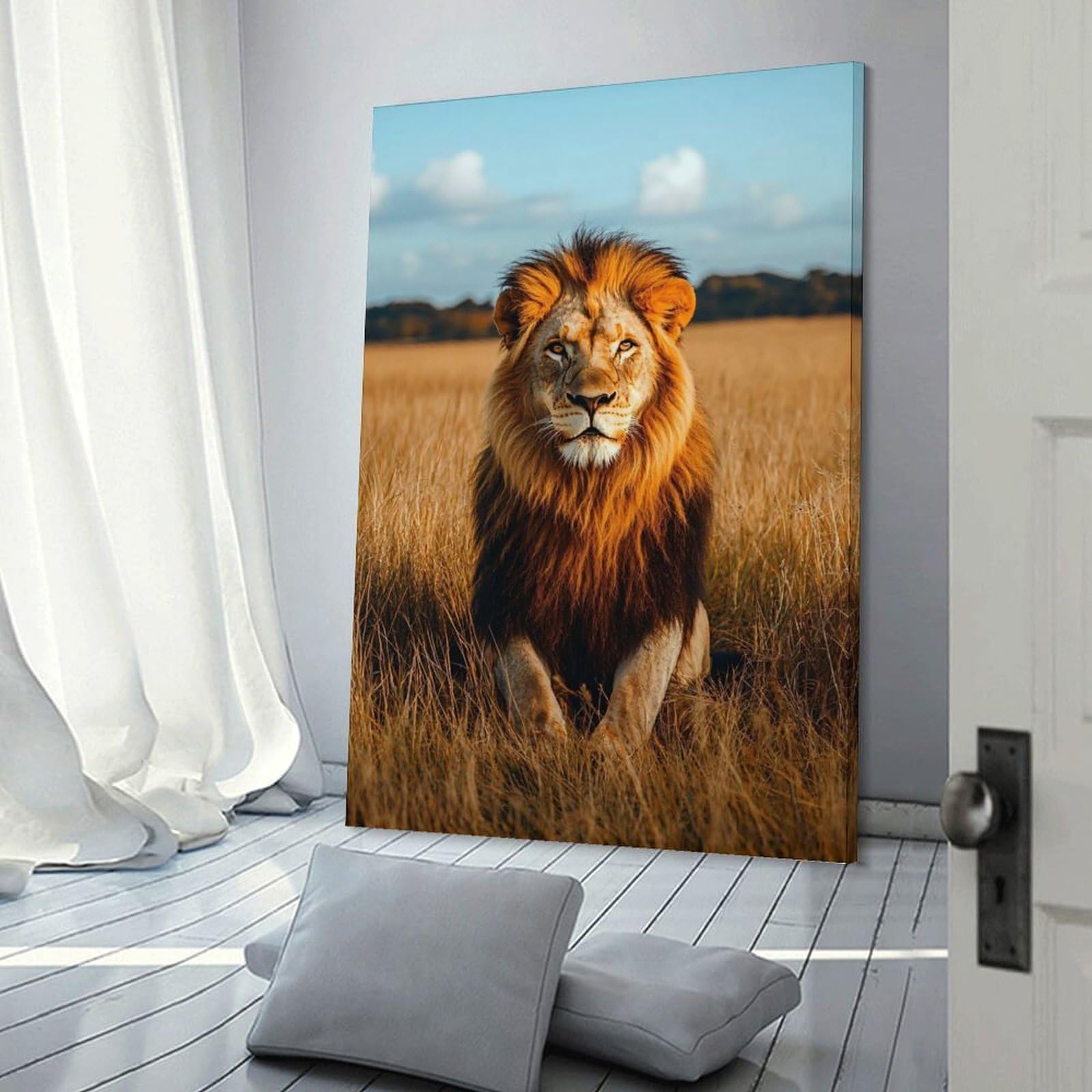 Junmoney Majestic Lion Portrait in Golden Field Canvas Wall Decor, 16x24inch(40x60cm), for Art Walls, Layered Displays Or Homes, Home Wall Art for Statement Displays