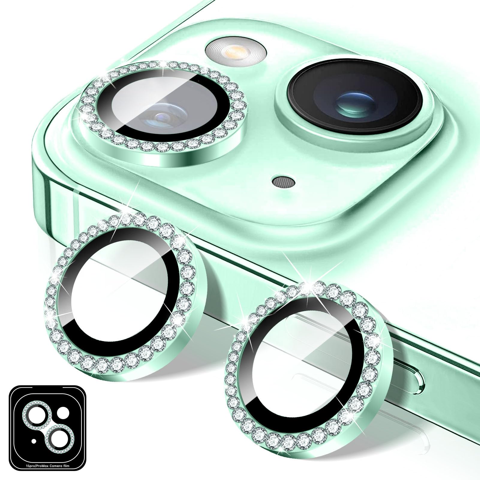 Kucheed Diamond Camera Lens Protector for iPhone 15/iPhone 15 Plus, Bling Tempered Glass Camera Cover, Individual Automatic Alignment Metal Rings, Glitter Phone Lens Cover Film Stickers