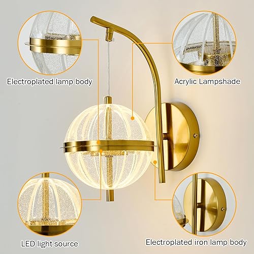 Miniatura 3 de UOFUS Aplique de pared dorado con pantalla acrílica de globo de mediados de siglo, moderna lámpara de pared LED de 12 W, 3000 K/4000 K/6000 K,