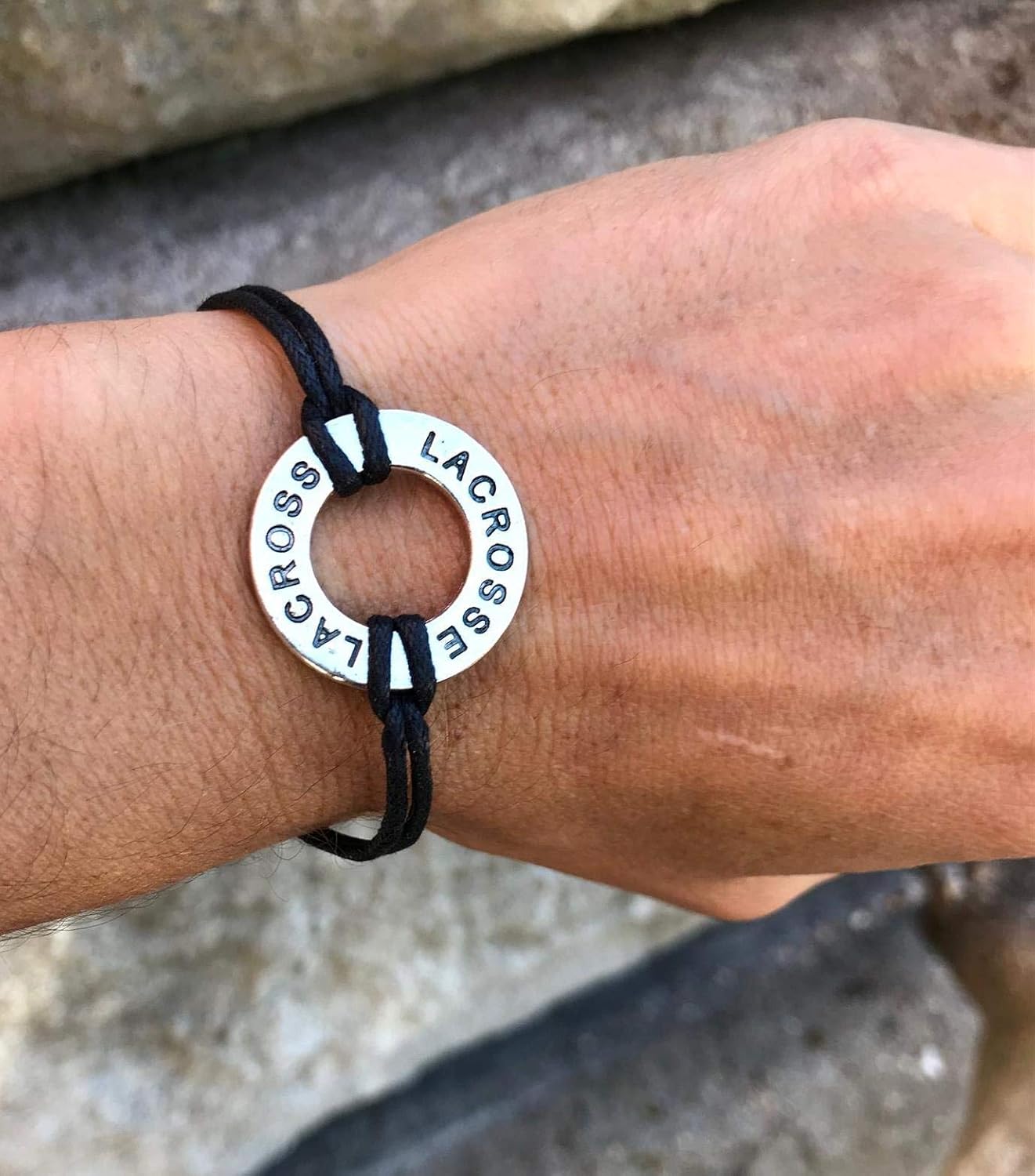 Sportybella Lacrosse Bracelet – Adjustable Infinity Charm Bracelet with “Lacrosse” Ring – Handmade Jewelry Gift for Players, Teams, Coaches – Black and Silver Packaging