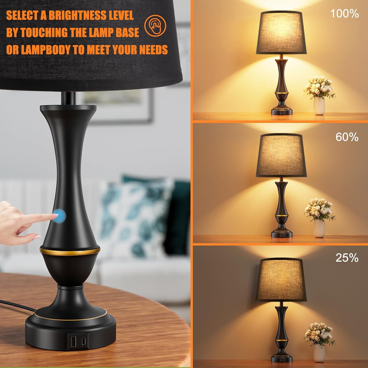 Seealle Upgraded Touch Lamps for Night Stands Set of 2 - Bedside Lamps with USB C+A, 3 Way Dimmable for Bedroom Living Room End Tables Office (Black) K. Black Shade & Black Base