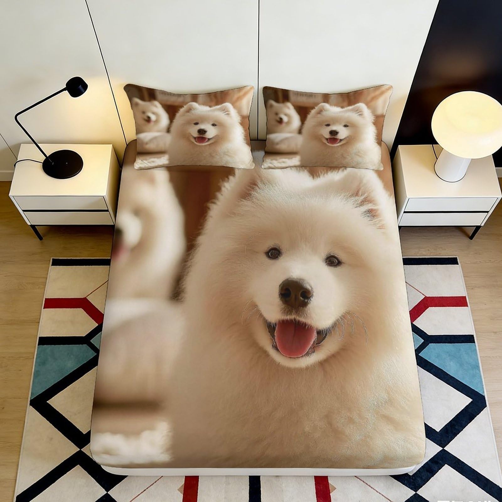 3D Printed Fluffy Dog Fitted Sheet Microfiber Soft Breathable Puppy Bed Cover for Bedroom Guest Room Decor 90x200x25cm