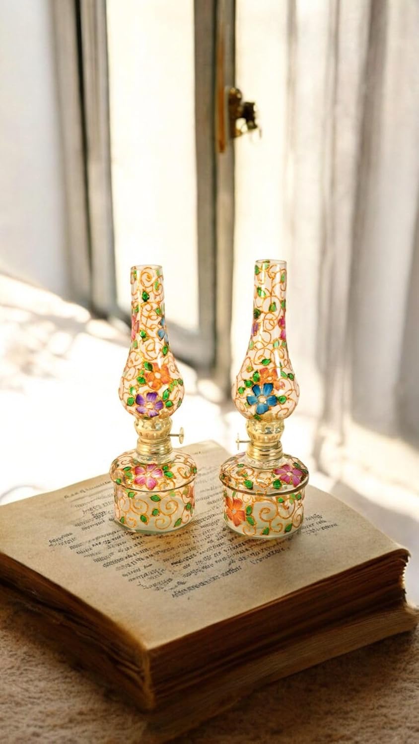 Hand Blown Glass Oil Lamp Orange Flowers Hand Painted Opaque Finish 9" Tall (Orange Flowers)