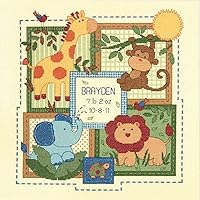 Dimensions Baby Hugs Savannah Birth Record Cross Stitch Kit - 12x12 Safari Animals, Personalizable Nursery Gift