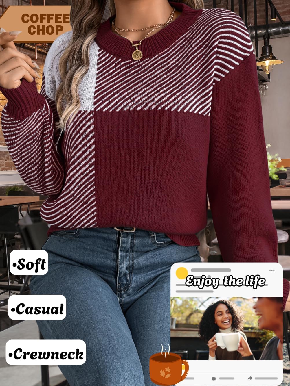 Women Color Block Checkered Striped Sweater, Crewneck Long Sleeve Lightweight Knit Sweaters, Cute Casual Fall Outfits - Image 5