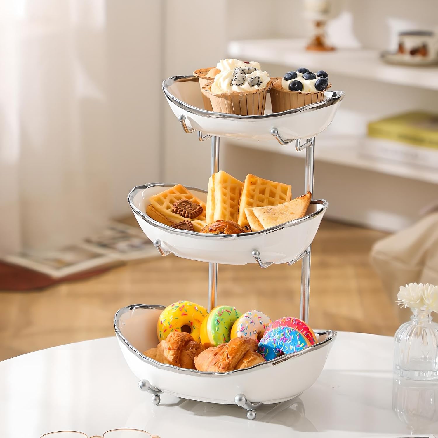 XUDREZ 3 Tier Fruit Bowl for Kitchen Counter with Metal Stand, Ceramic White Gold, Tiered Fruit Basket for Nuts, Snacks, Bread, Candy Storage (White B)