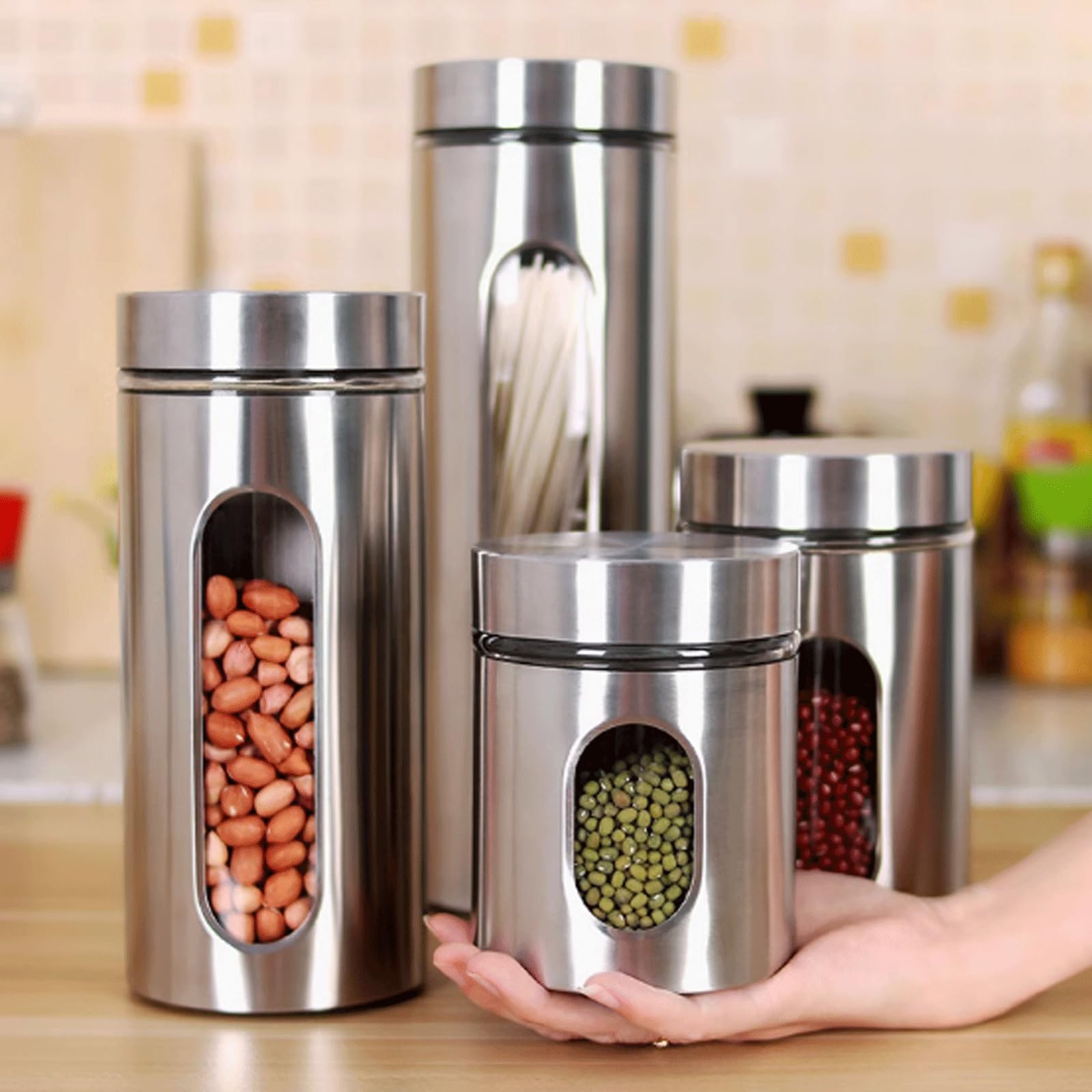 4 Stück robuster Vorratstank aus Edelstahl für Kaffeebohnen, luftdichter Vorratstank für die Küche, Keksdose, Trockenwarenbehälter Dosen-Sets
