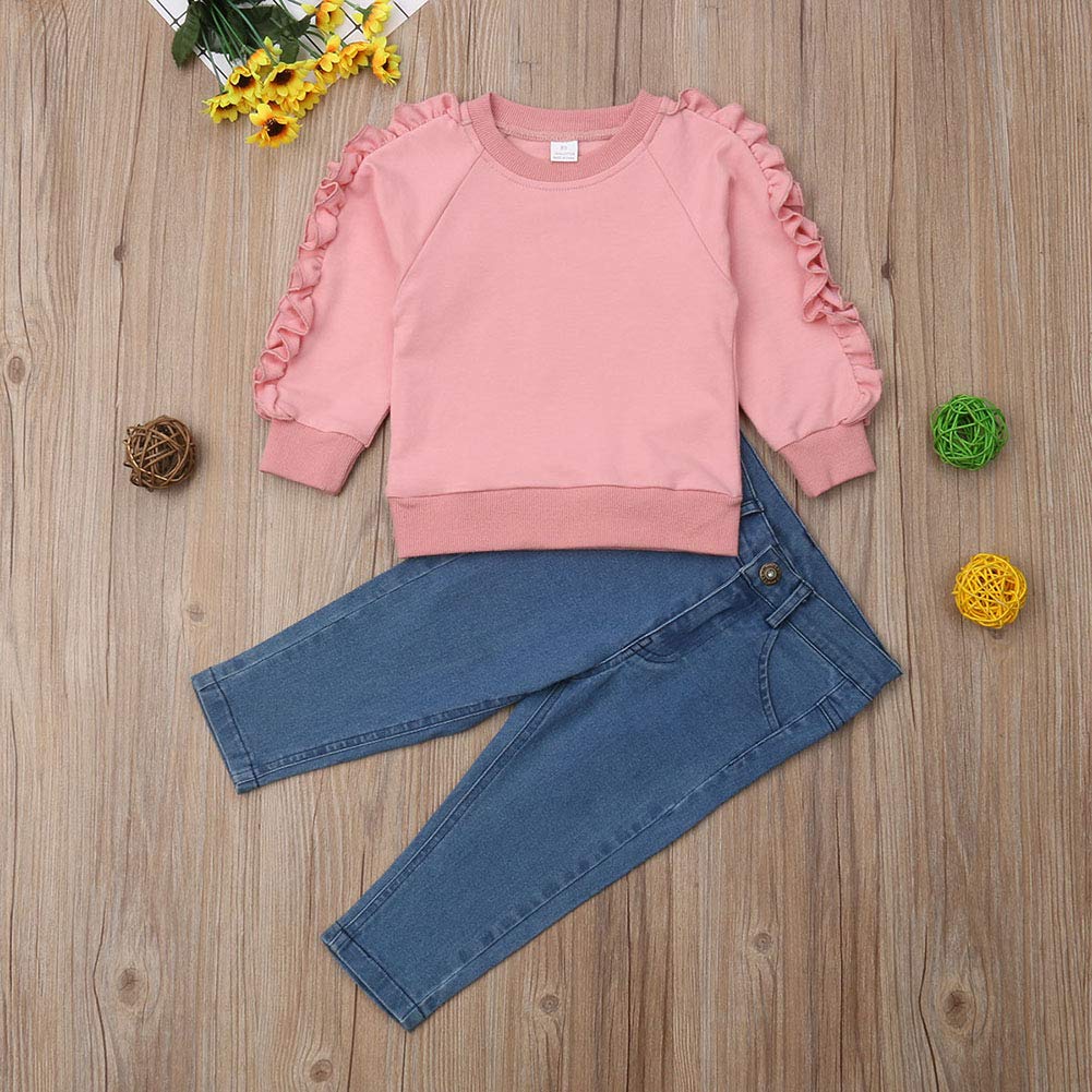 Toddler Kid Baby Girl Ruffle Tops Long Sleeve Sweatshirt Jeans Denim Pants 2Pcs Outfits (Ruffle Tops + Denim Pants, 2-3 T)