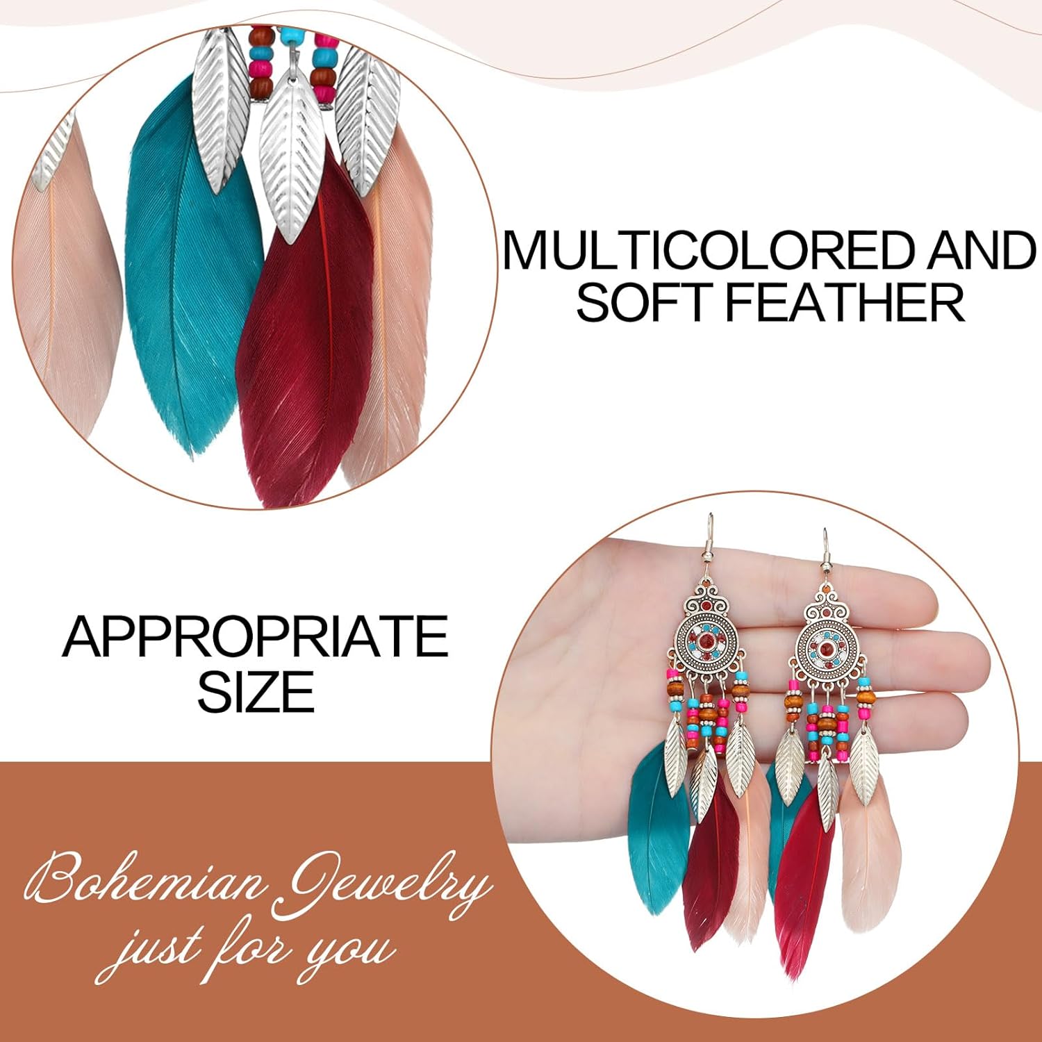 Nosiny 16 Pairs Feather Earrings for Women Dream Catcher Earrings Bohemian Feather Tassel Drop Dangle Colored Beads Faux Pendants Western Vintage Ear Pendants Set