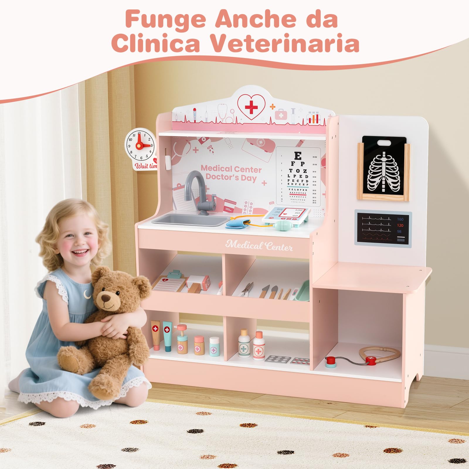 COSTWAY Set da Gioco Dottore in Legno, Centro Medico per Bambini con Orologio, Lavandino, Tabella Oculistica, Monitor ECG, Area Esame e 24 Accessori Giocattolo, 97 × 30,5 × 88 cm (Rosa)
