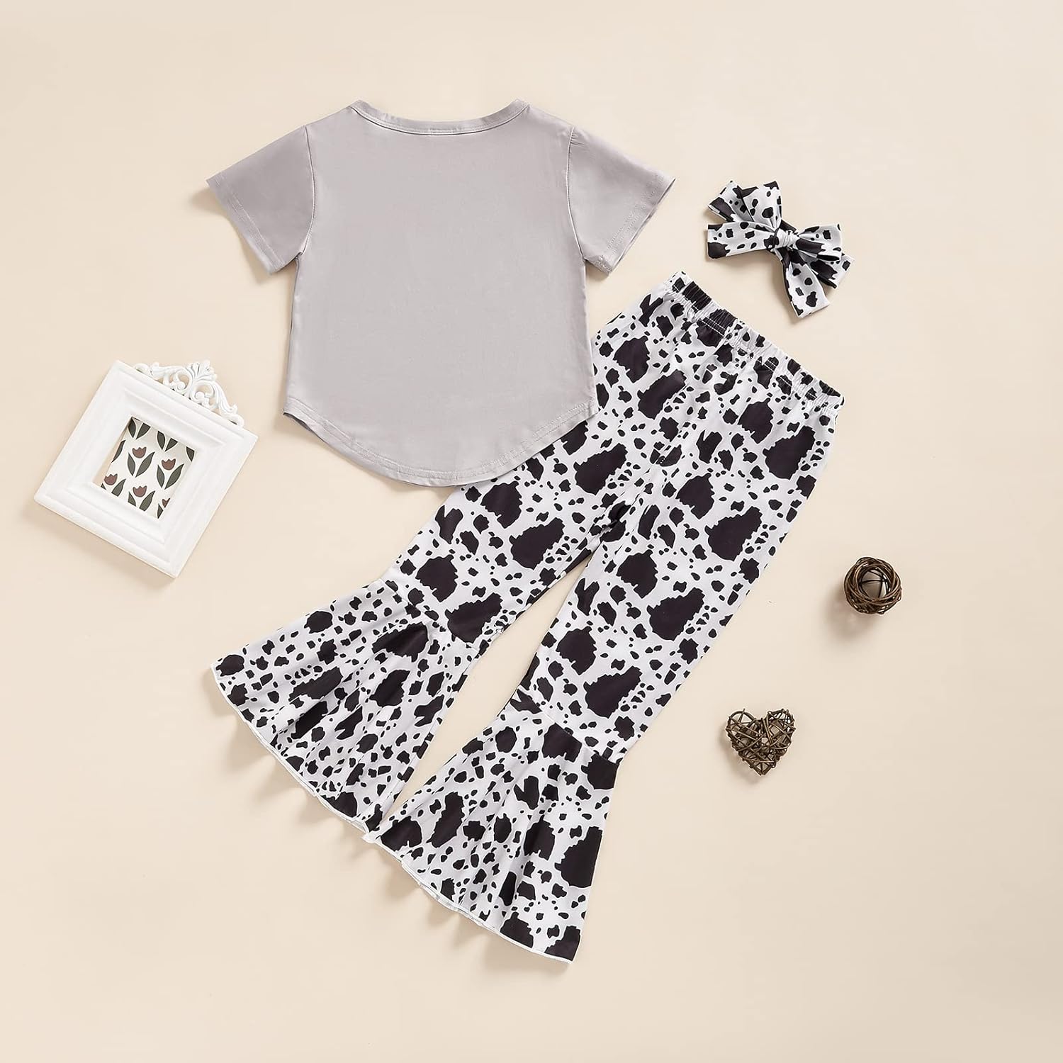 Emmababy Toddler Western Outfit Girls Bell Bottom Outfits Kids Ruffle Shirt Short Sleeve Cow Print Flare Pants Summer Clothes - Image 4