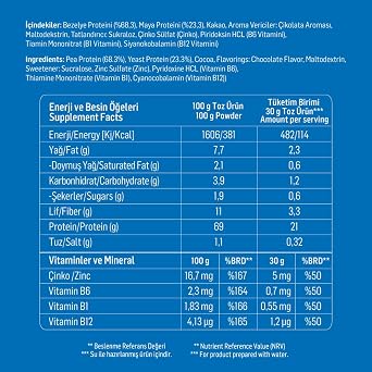 WUP Plant Protein, B1-B6-B12, Çinko, Yüksek Lif, Kakao, Çikolata, Bitkisel Protein, 600 gr 20 Servis