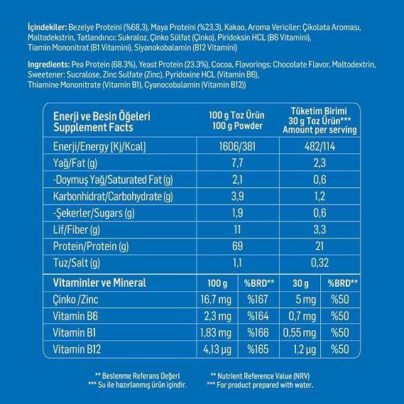 WUP Plant Protein, B1-B6-B12, Çinko, Yüksek Lif, Kakao, Çikolata, Bitkisel Protein, 600 gr 20 Servis