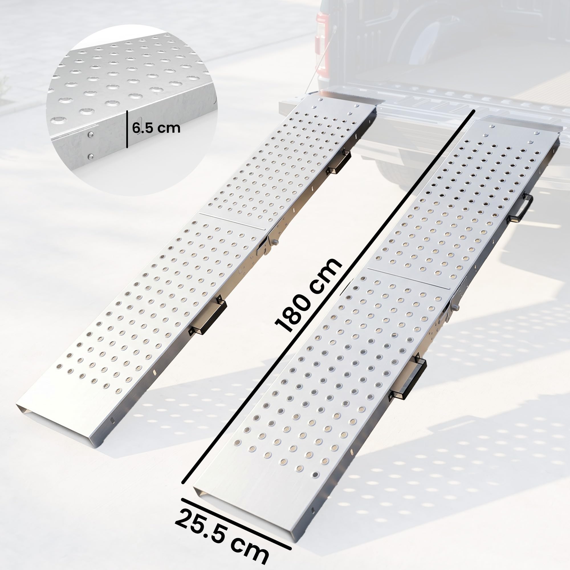 HOMCOM Set 2 Rampe di Carico, Rampe Pieghevoli in Metallo, Portata Totale 400 kg, 180 x 25.5 cm, con Maniglie e Fori Antiscivolo, per Moto, ATV, Rimorchio, Pick-up e Tosaerba, Argento