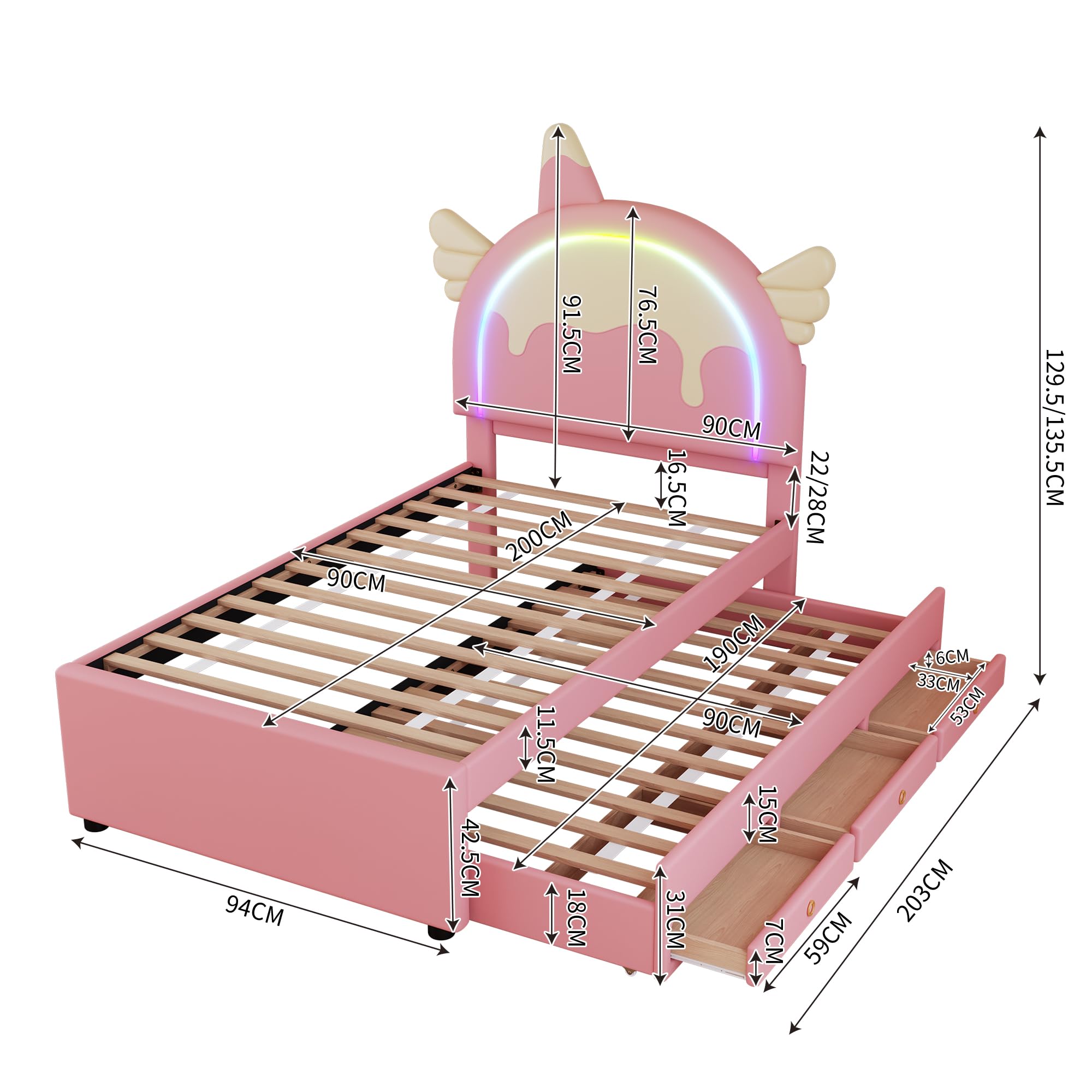 Cama Nido 90x200 cm Rosa con diseño de Unicornio y Cama extraíble con Ruedas cajones Inferiores Cama tapizada Cama Individual para Dormitorio Juvenil y Dormitorio