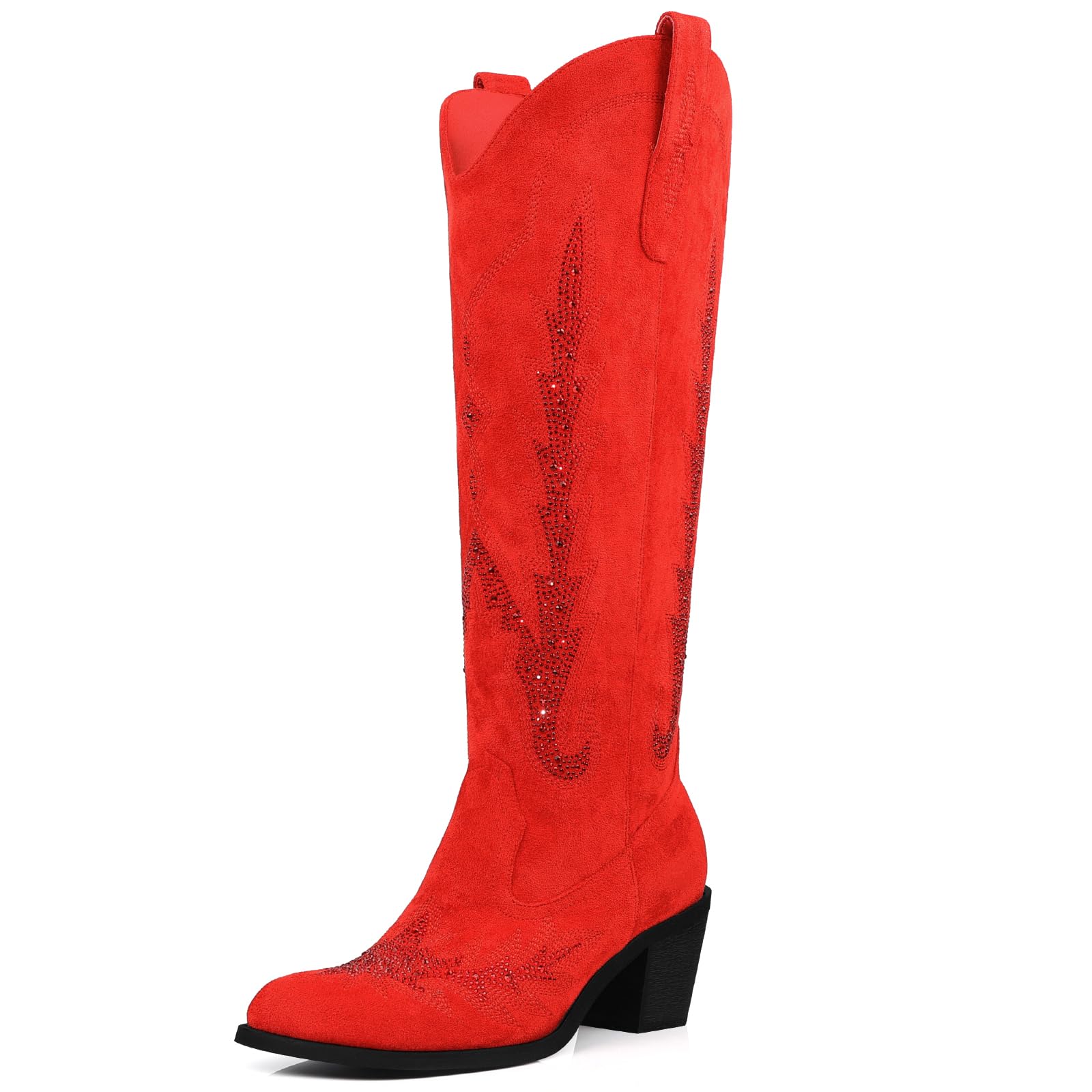 DANAZANA Knee High Cowgirl Boots Women Wide Calf Rhinestones Cowboy Boots Lady Pointed Toe Chunky Heel Embroidered Sparkly Boot With Side Half Zip