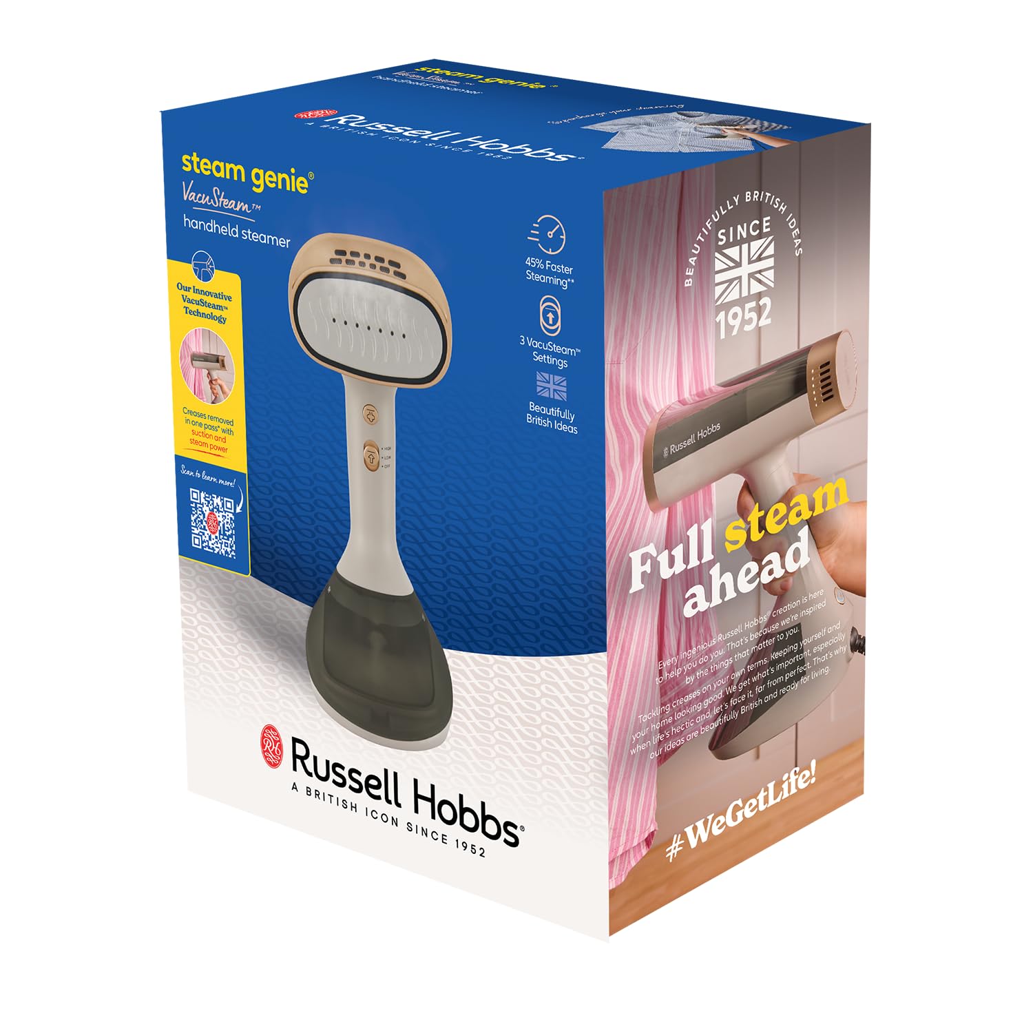 Russell Hobbs plancha vertical con succión tejidos [1500 W, 24 g/min de vapor] (3 configuraciones de vapor y succión, depósito de agua de 200 ml, calentamiento en 35 s.,cerámica 28551-56