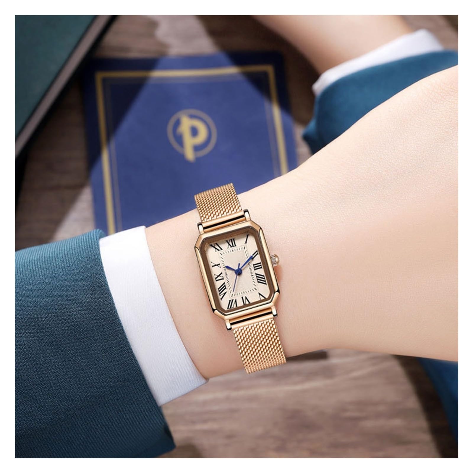 Orologio da donna al quarzo con quadrante quadrato classico e cinturino in maglia intrecciata con numeri romani. Un regalo di lusso leggero, adatto alle donne. Orologio da polso