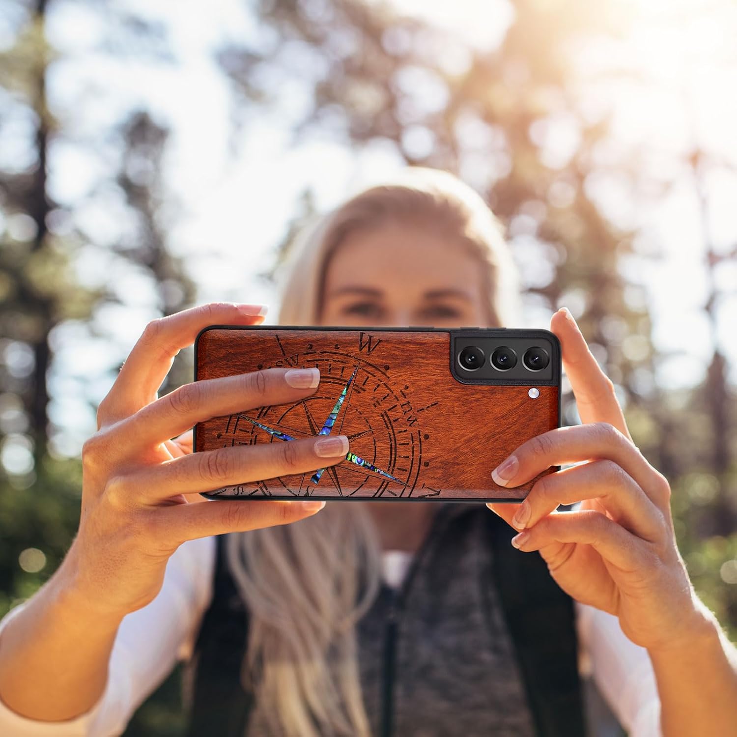 Carveit Designer Wooden Cover for Samsung Galaxy S22 Plus Case [Wood Engraving & Shell Inlay] Compatible with Wireless Chargers Galaxy S22 Plus (Compass-Rosy)