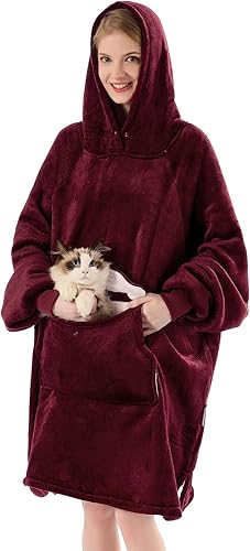 Krifey Sudadera con capucha de sherpa de gran tamaño para mujeres y hombres, sudadera acogedora con bolsillo gigante