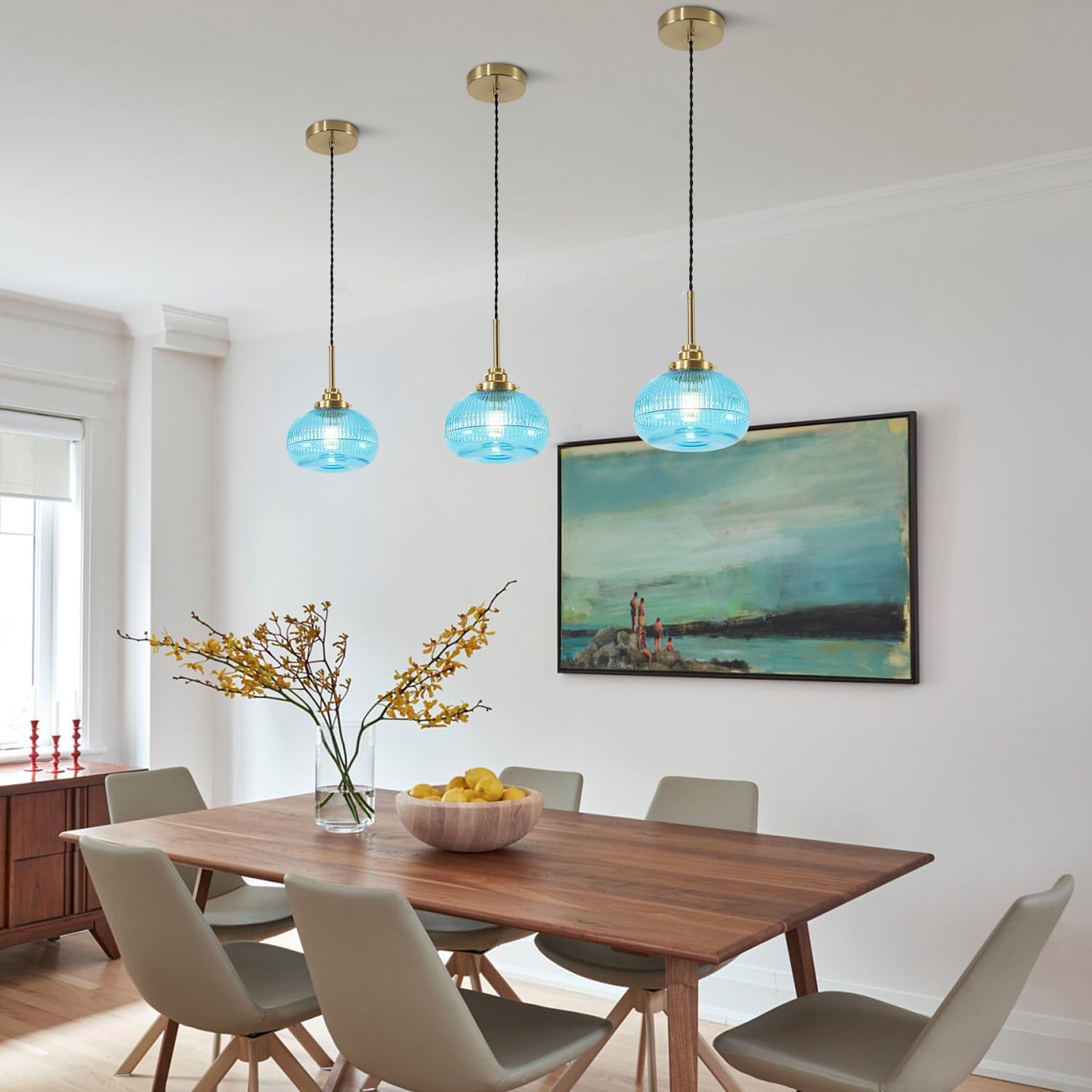 KCO Lighting Large Glass Pendant Lights Kitchen Island Pendant Light Blue Hanging Lights Fluted Glass Hanging Pendant Light Gold Dining Room Hanging Light Fixtures 3 Pack
